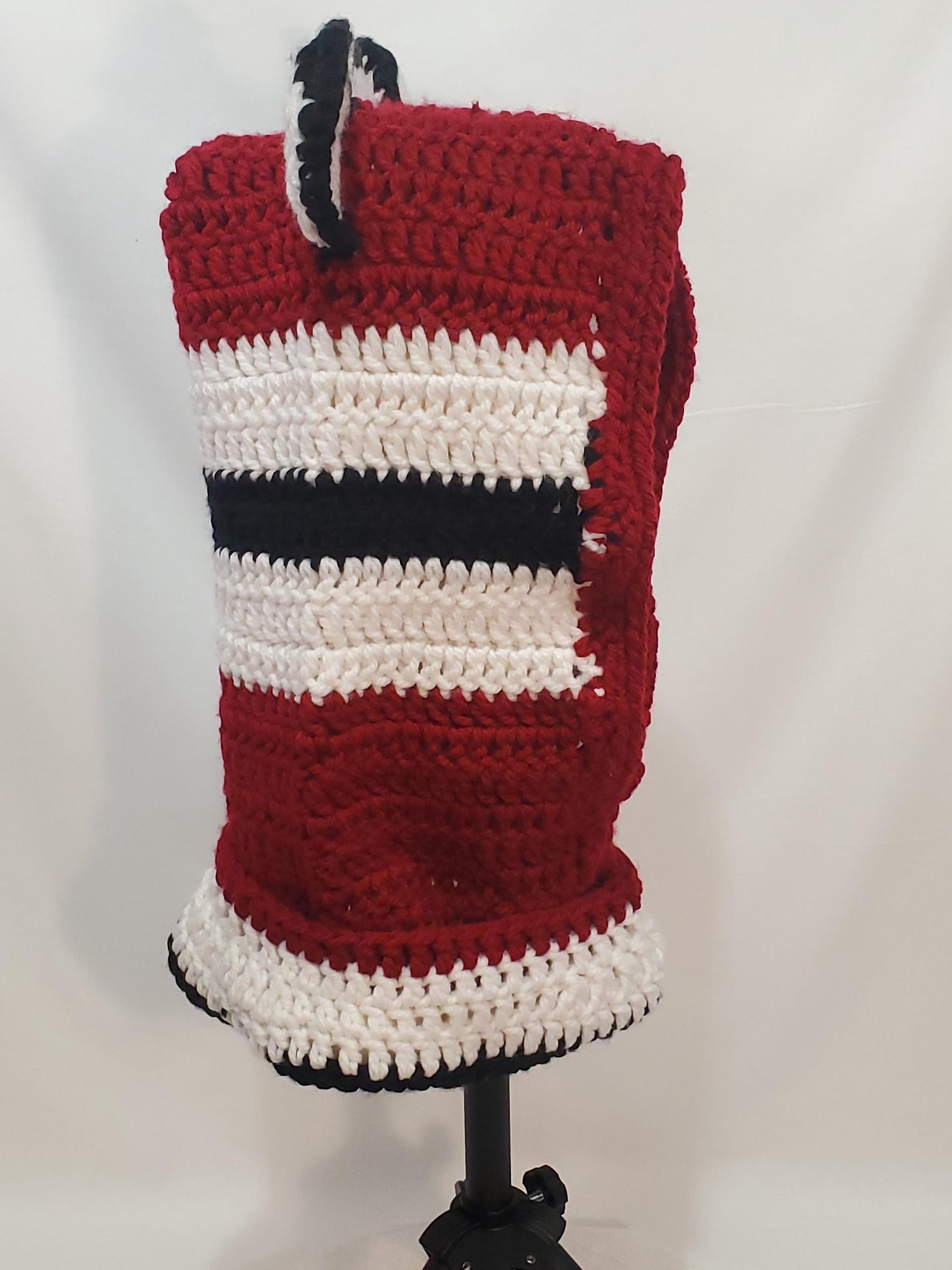 Item #55: Crochet Hood/Hat, Black, White & Maroon, Adult Sized, Made With 100% Acrylic Chunky Yarn