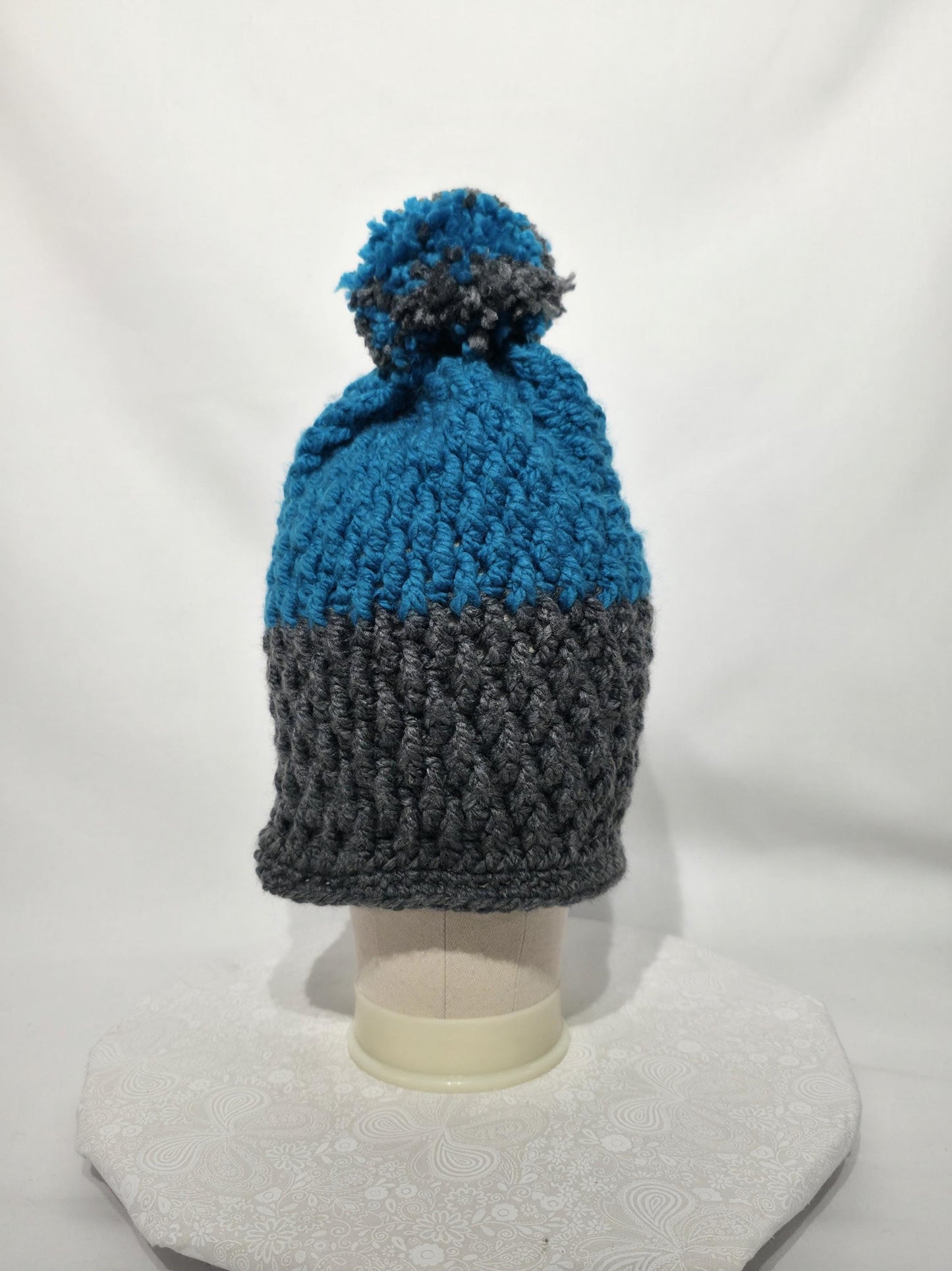 Crochet Hat with Pom, Grey and Teal