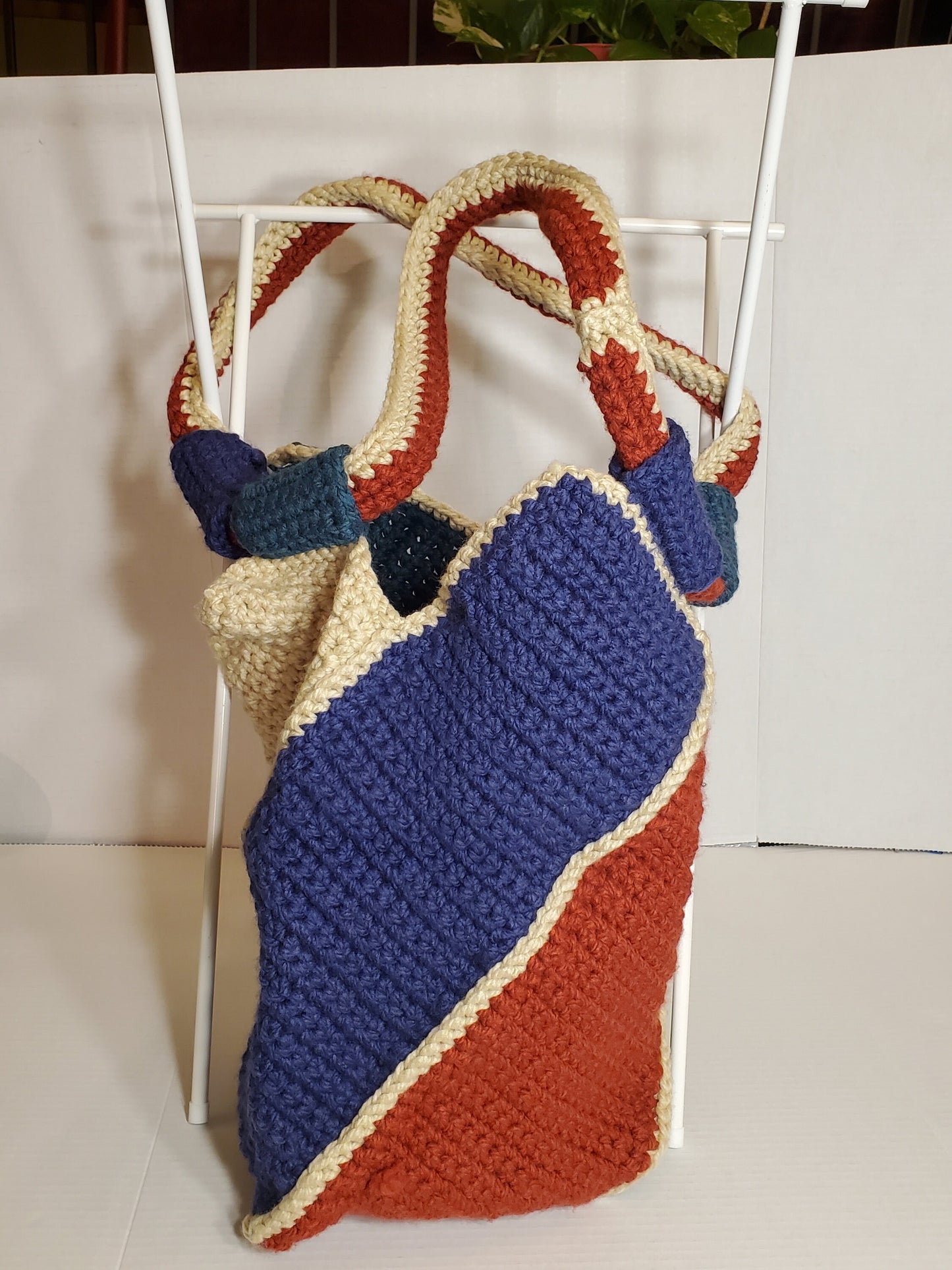 Item #73: Crochet Tote, Maroon, Tan and Blue, 18" Tall 32" Around, Made With Chunky 100% Acrylic Yarn