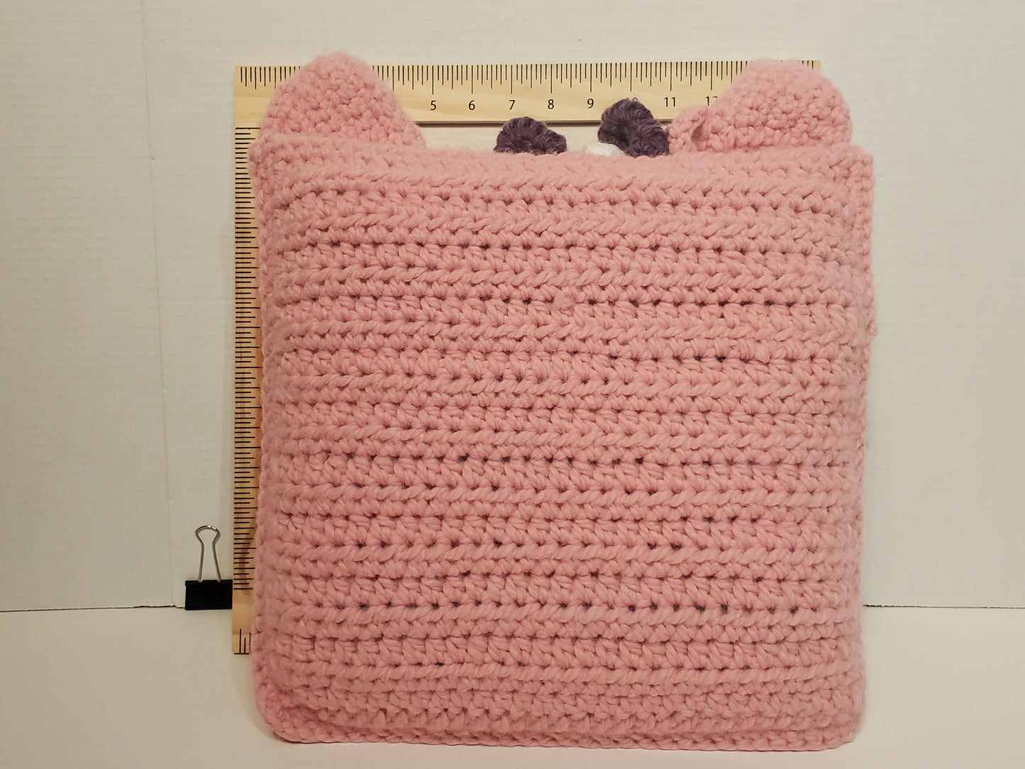 Pink animal pillow, approx 12"x12", made with chunky 100% Acrylic yarn