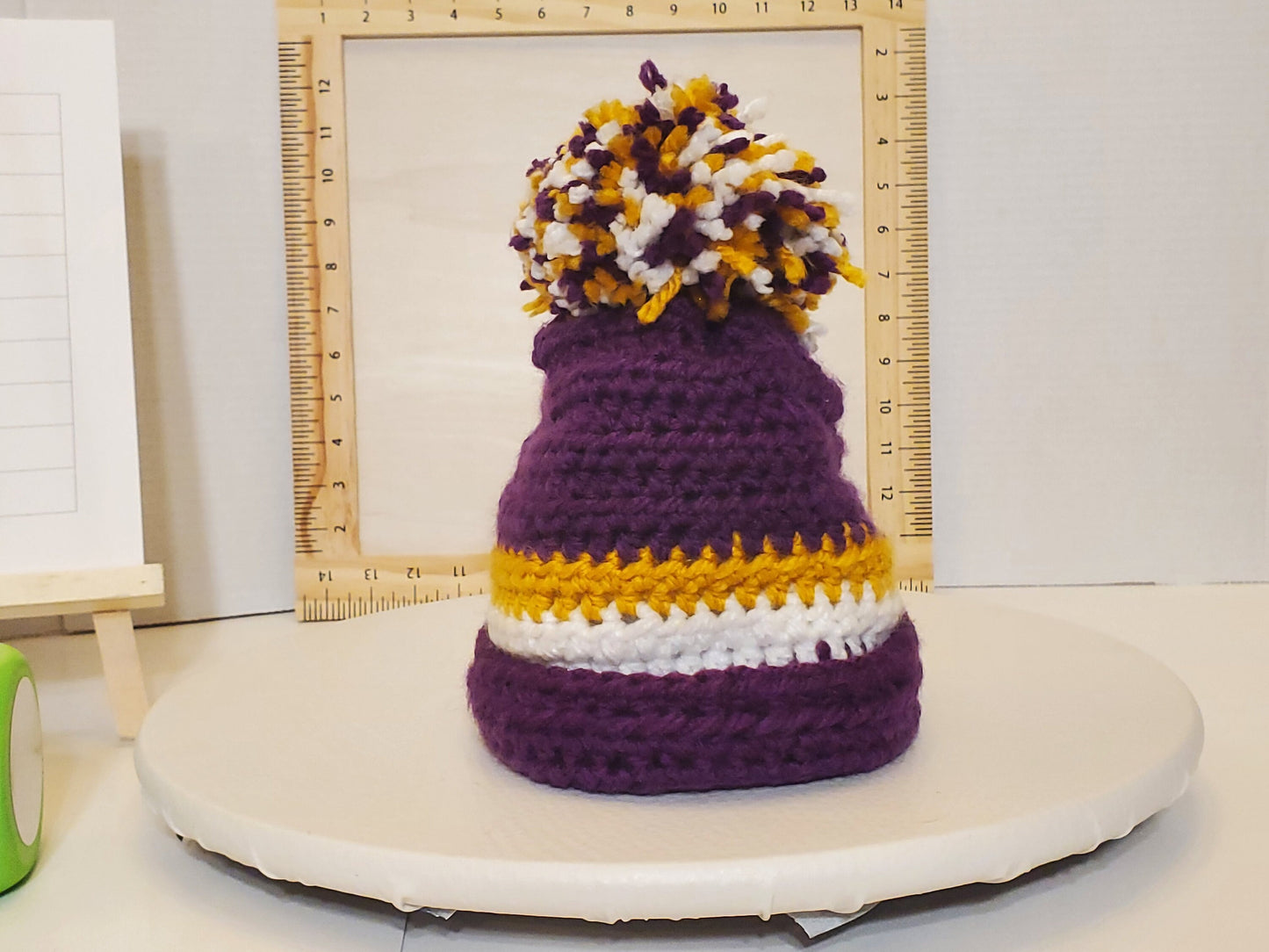 Item #80: Minnesota Vikings Inspired Crochet Hat with A Pom, Size 6 To 12 Months, Made With Chunky 100% Acrylic Yarn
