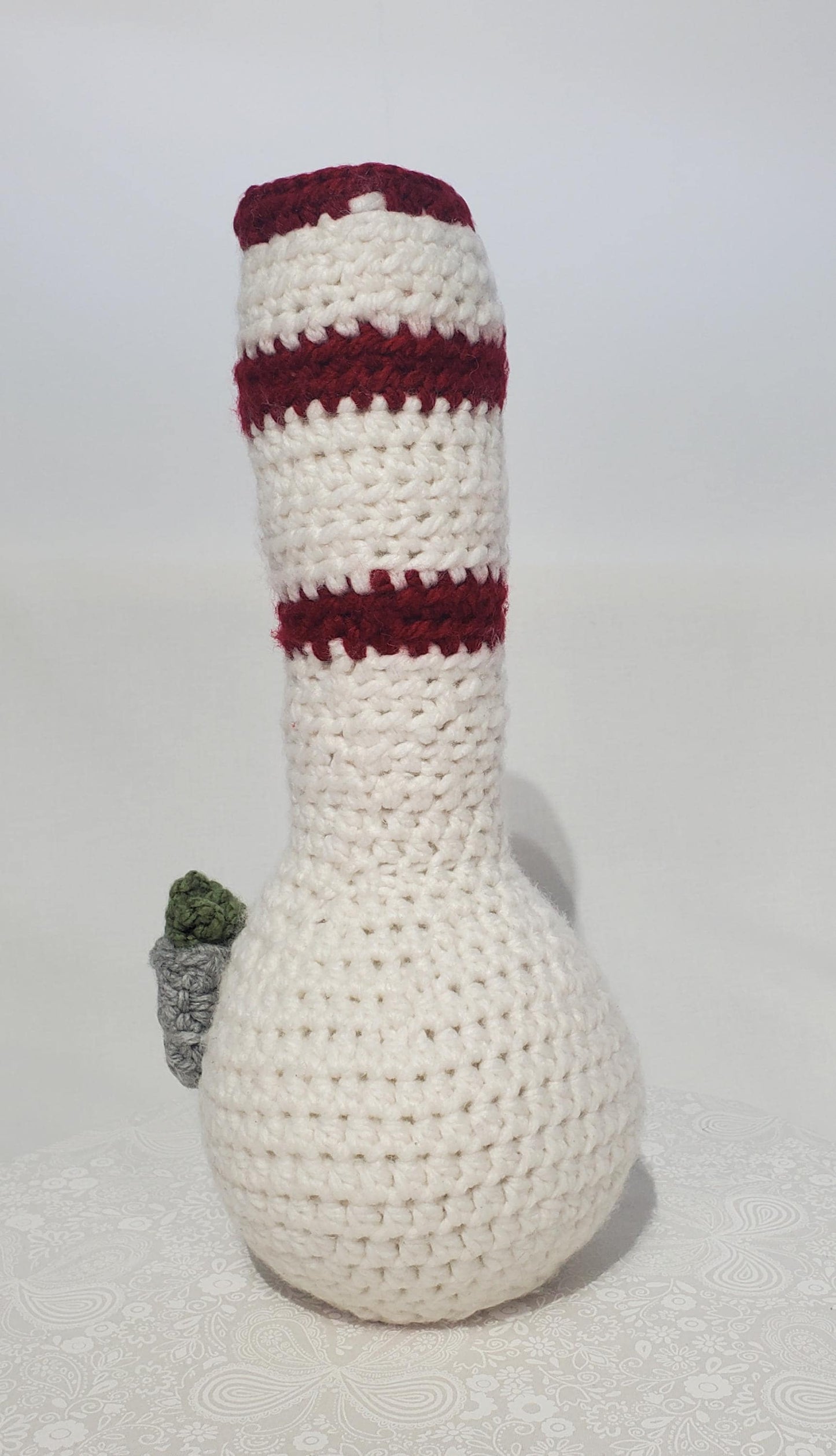 B12: Crochet Bong, White and Maroon, made with thick, 100% acrylic yarn, and safety eyes, approx. 14" x 6", 11 oz