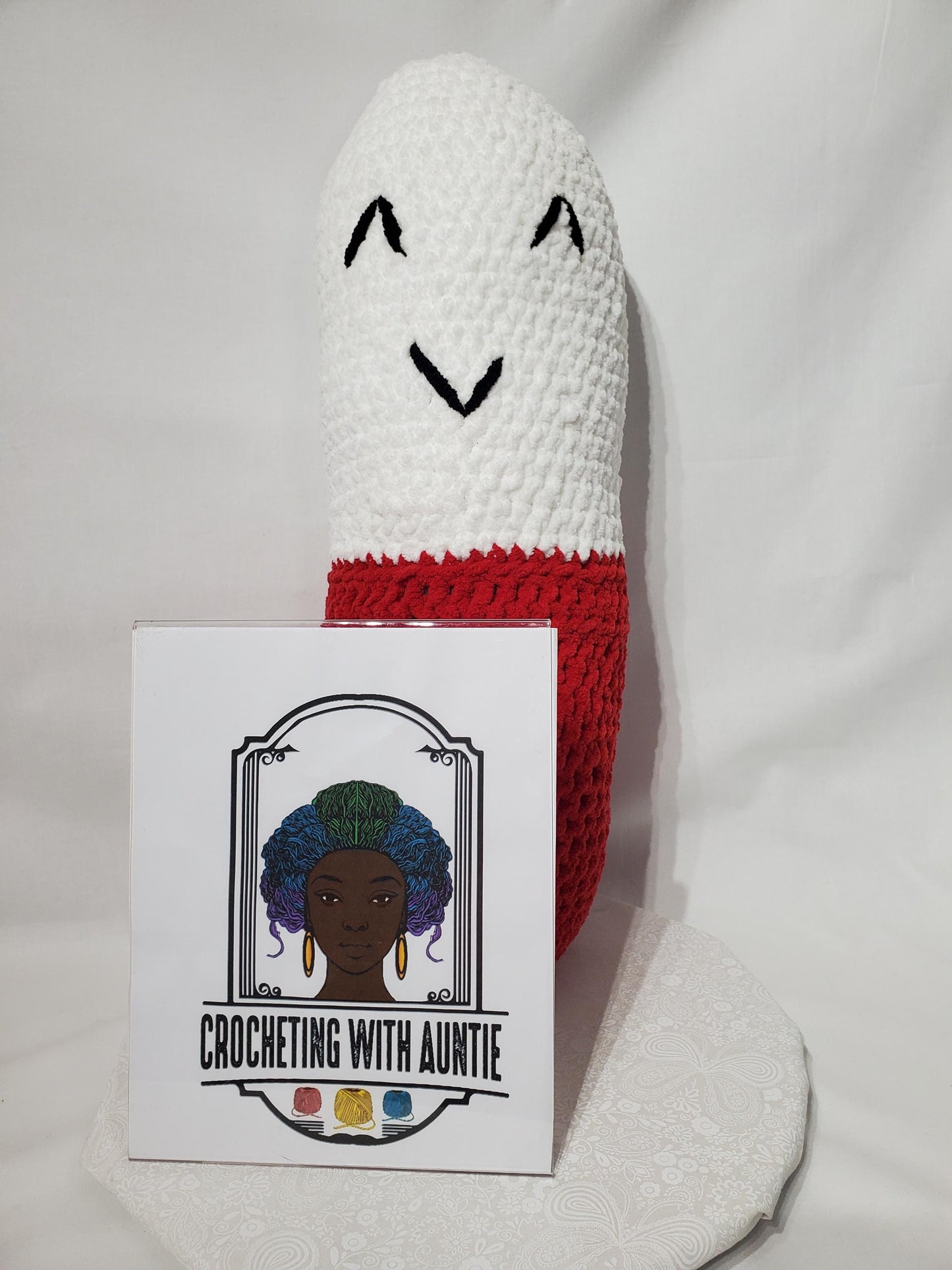 Crochet chill Pill Stuffy /Pillow, Red and White, made with soft blanket yarn (100% polyester), and fiber fill, approx. 23”x8”