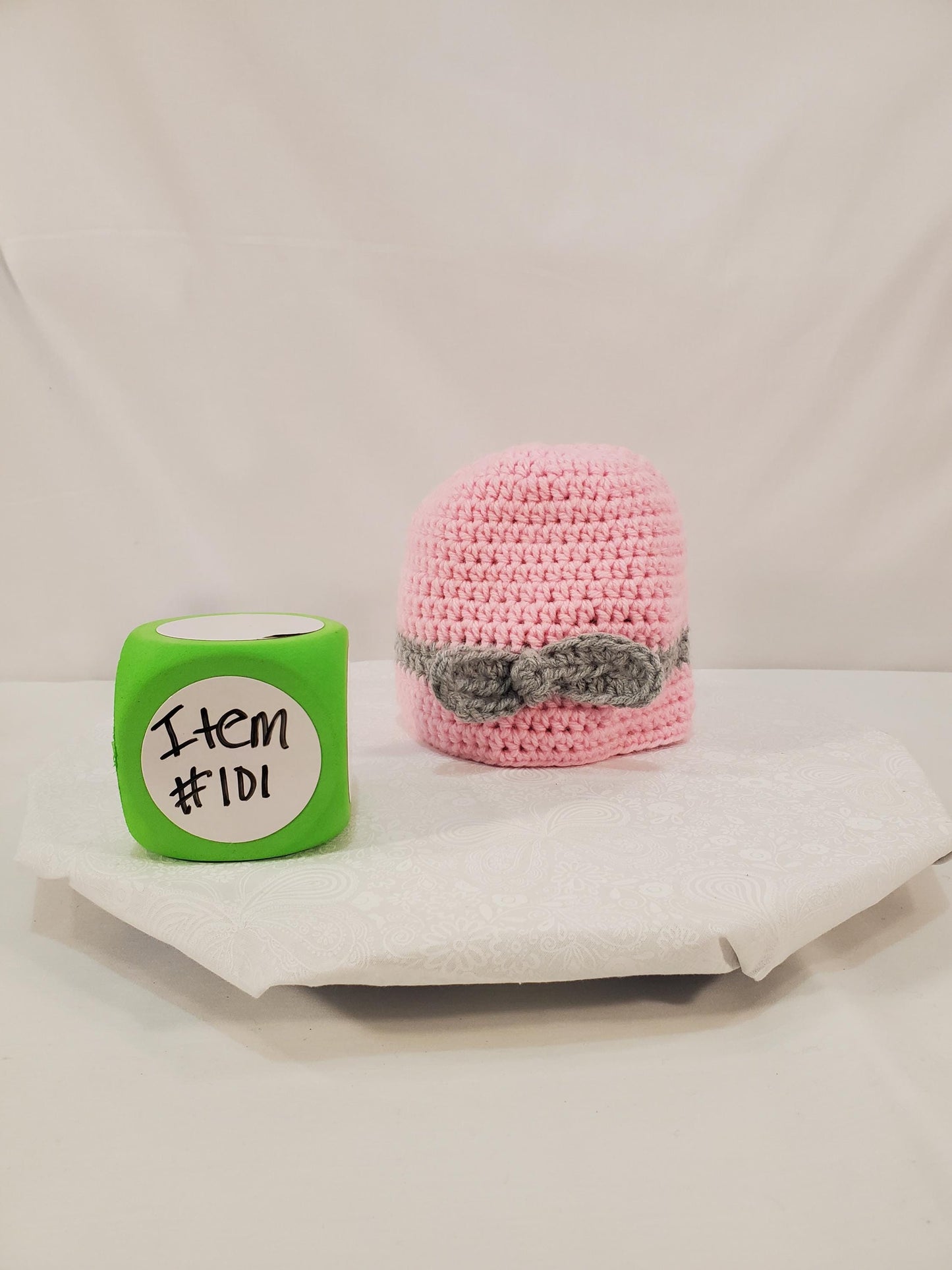Item #101: Crochet Beanie, Pink With Grey Bow, Size 6 to 12 Months, Made With 100% Acrylic Yarn