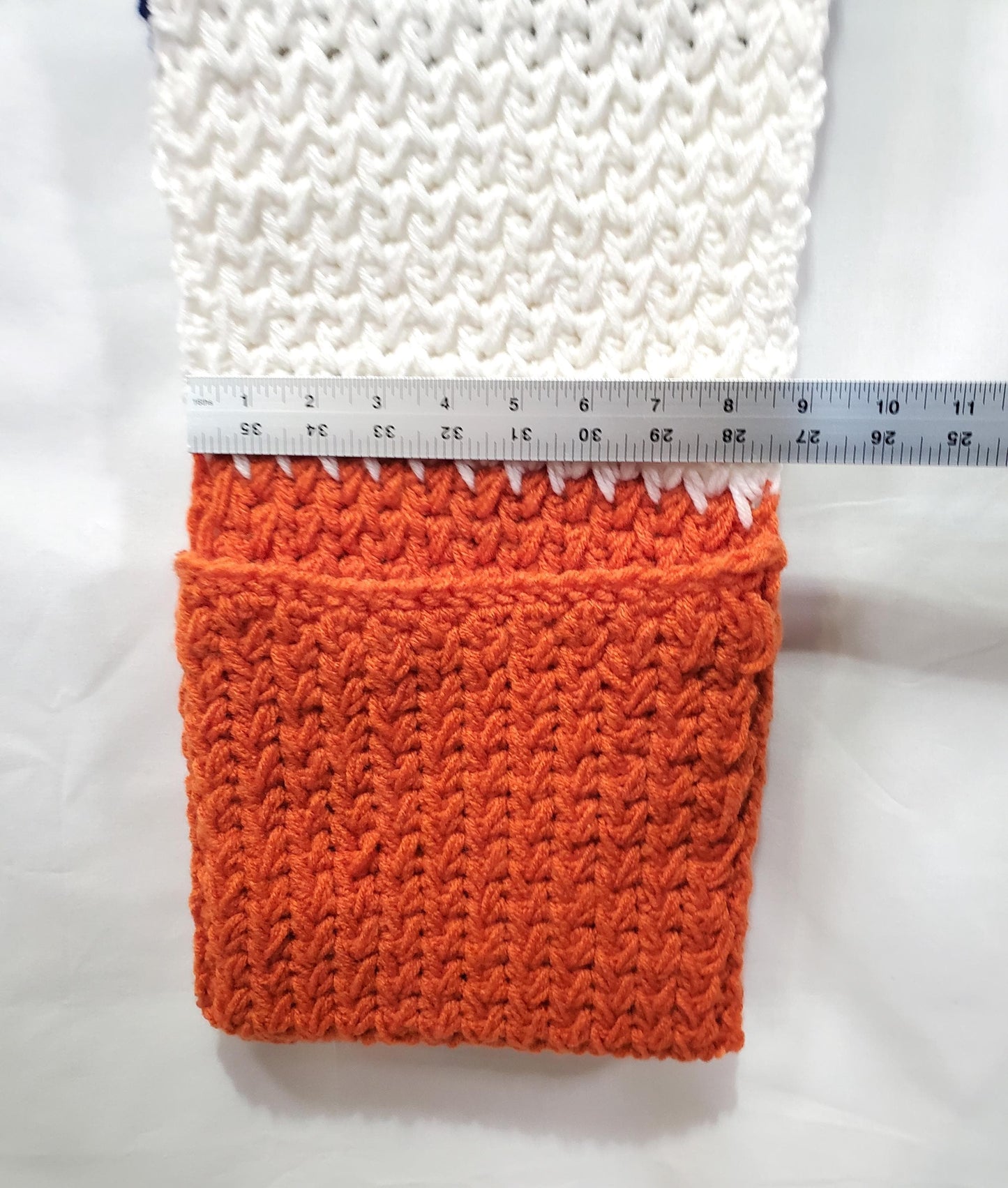 CB1: Chicago Bears Inspired Scarf with Pockets, 6 1/2 ft long, 8 in wide, pockets 8 in deep, warm and thick, made with 100% acrylic yarn.