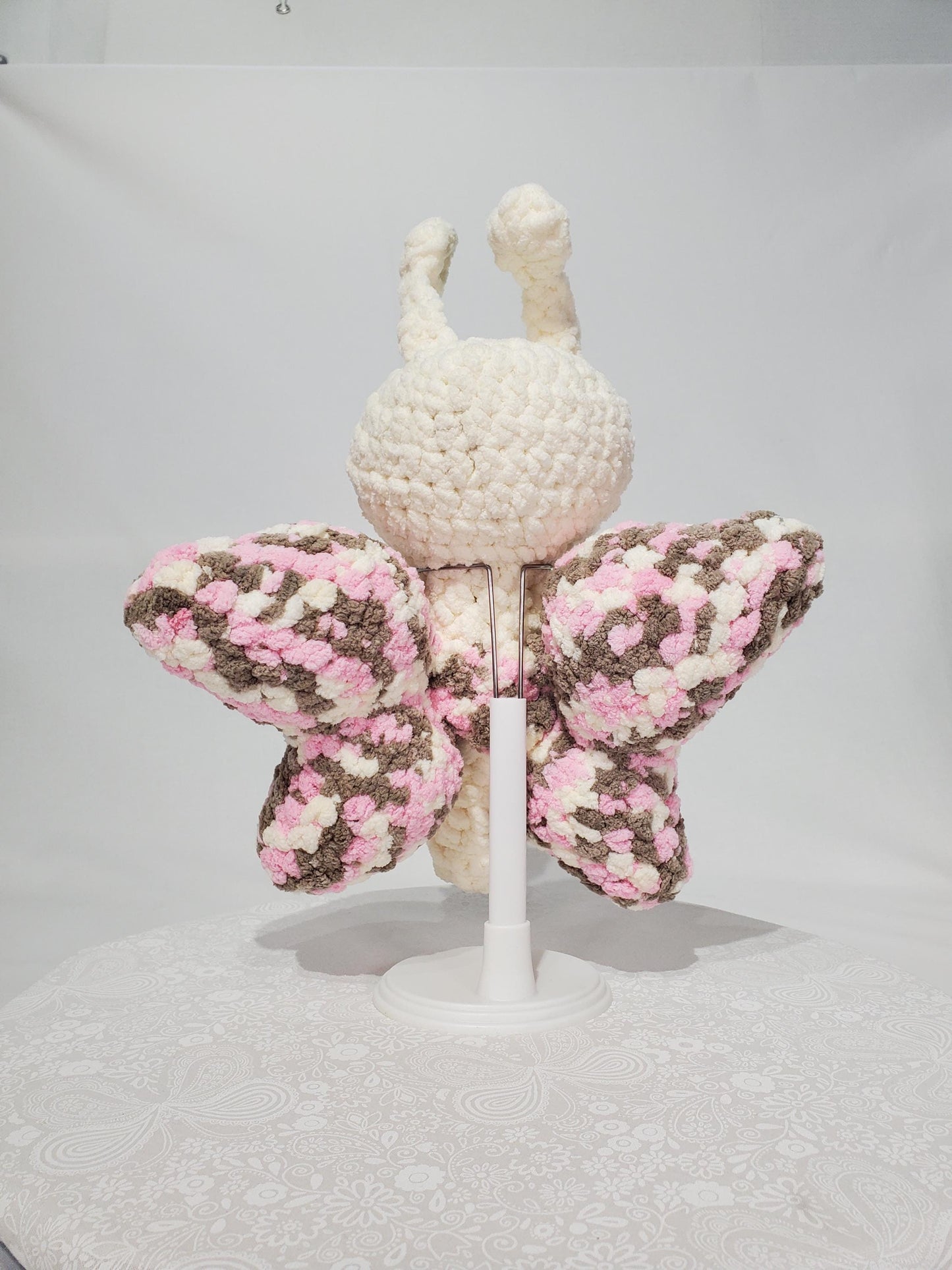 T6: Crochet Butterfly Stuffy/ Plush Toy, white and variegated pink, white and brown, made with soft blanket yarn and safety eyes