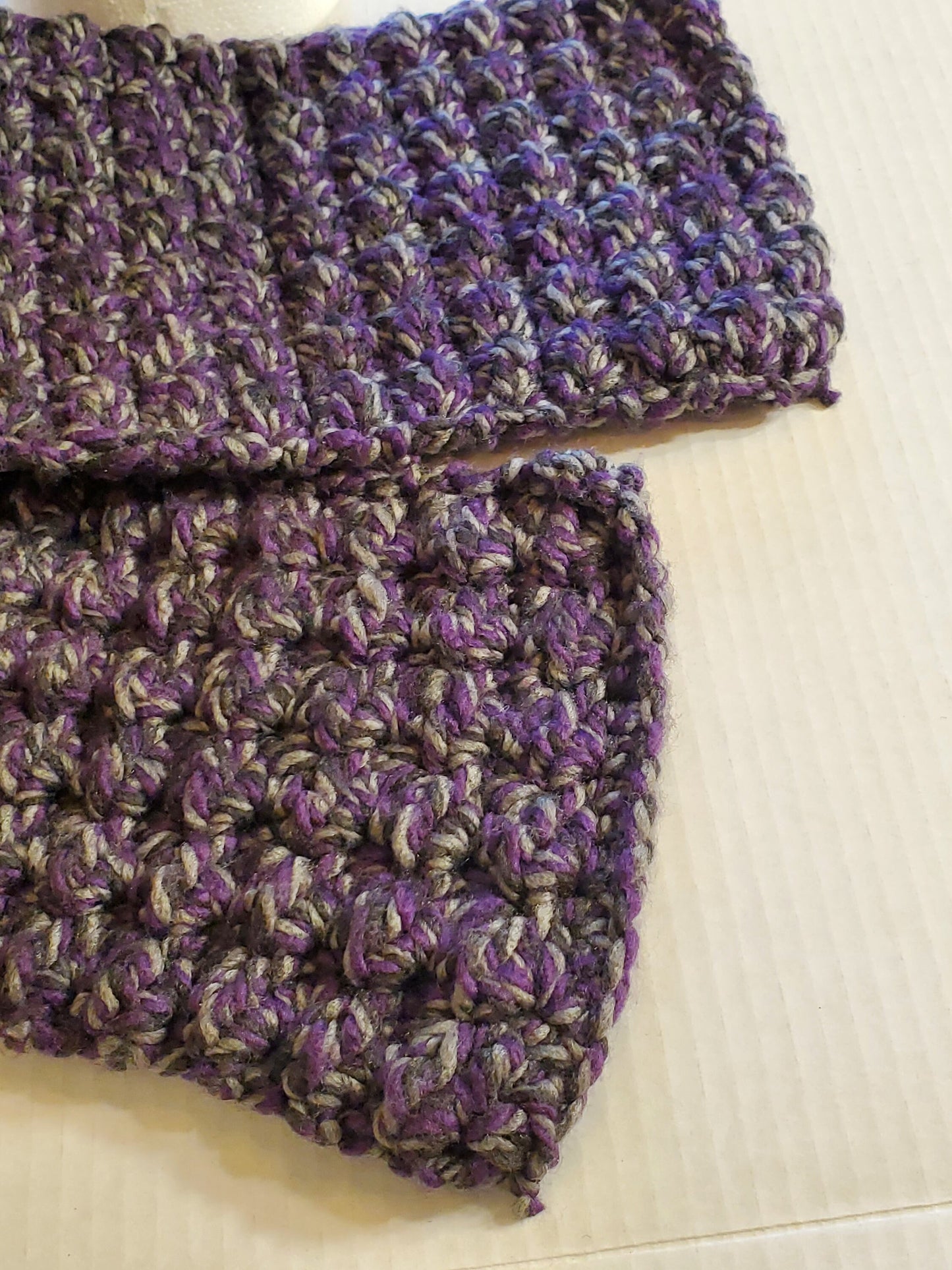 Item #69: Crochet Ear Warmer and Scarf, Purple And Gray, Sized Children's, Scarf 4' 2 " Long, 7" Wide, Made With 100% Acrylic Yarn