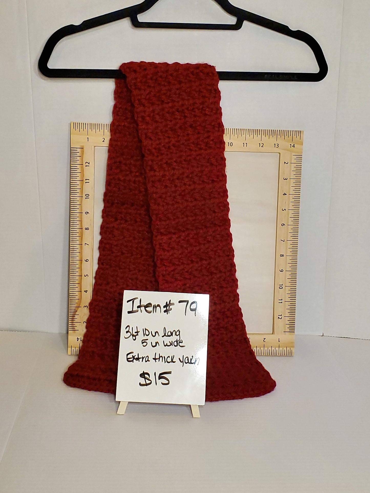 Item #79: Crochet Scarf, Maroon, 46 In Long, 5 In Wide, Made With Chunky/Thick 100 % Acrylic Yarn