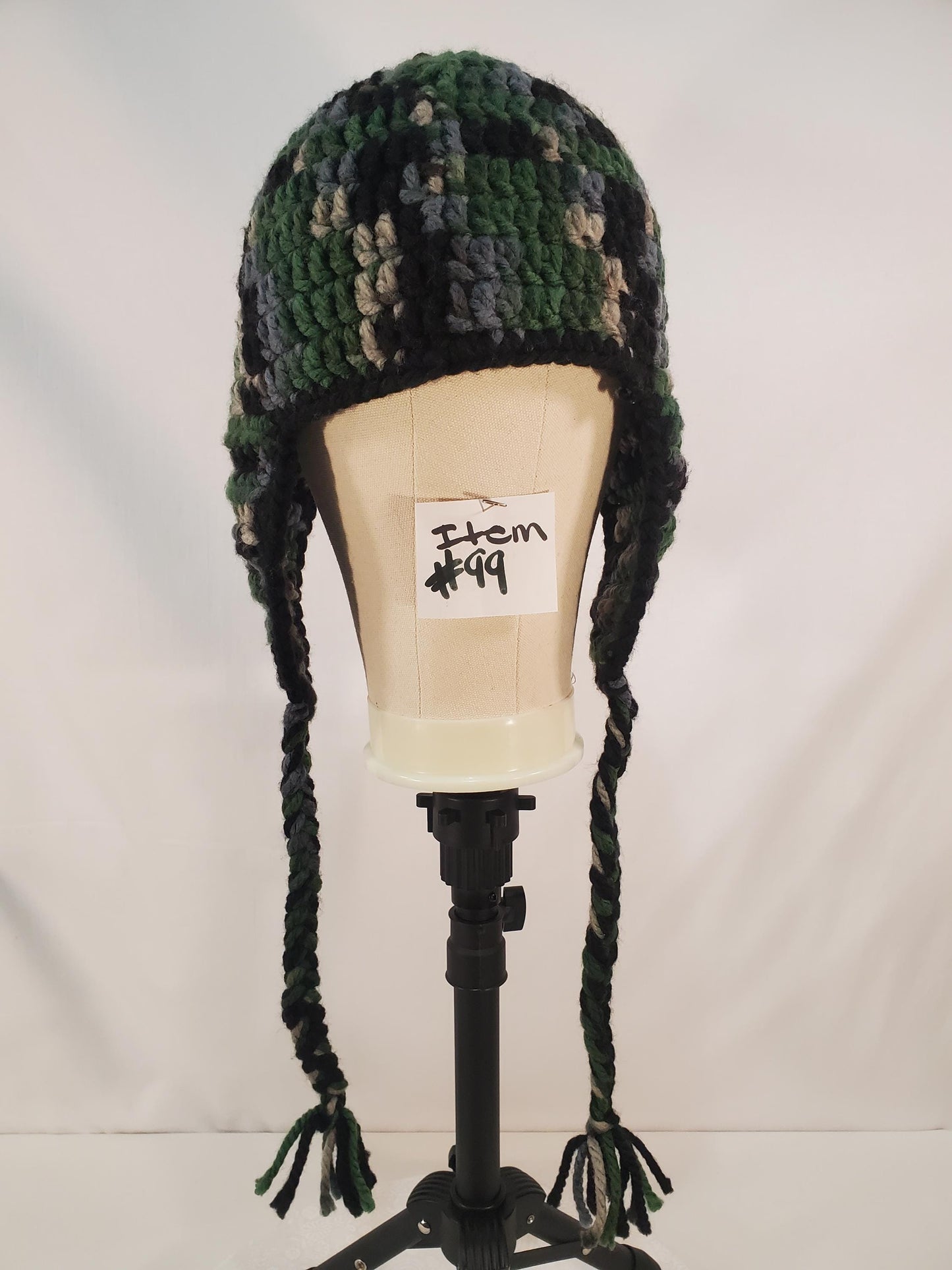 Item #99: Crochet Ear Flap Hat, Camo, Child (4y-10y), Made With Chunky 100% Acrylic Yarn