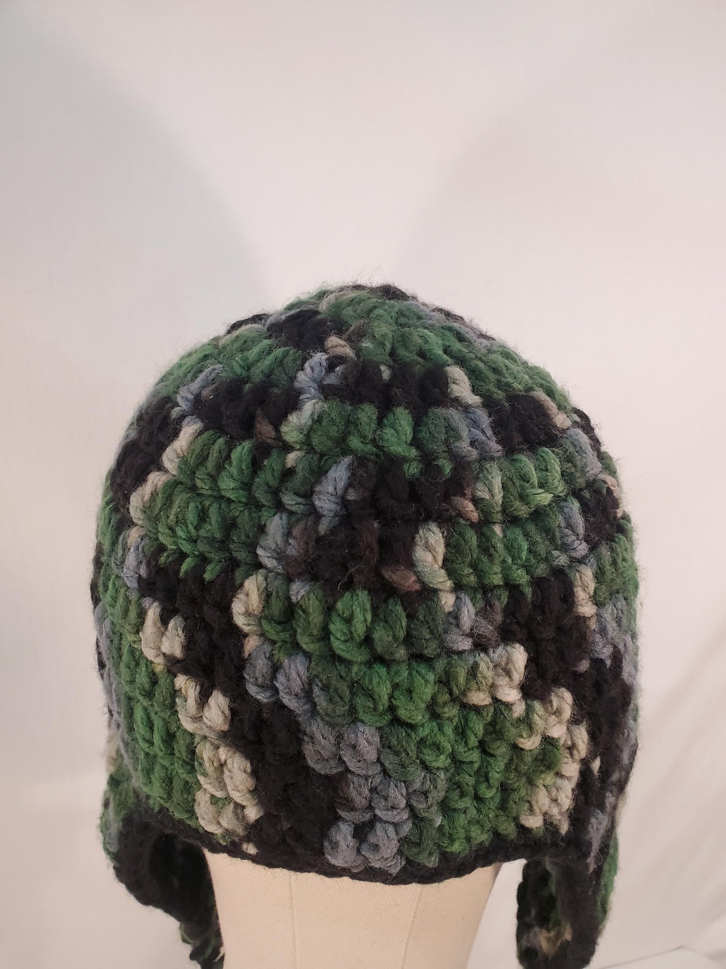 Item #99: Crochet Ear Flap Hat, Camo, Child (4y-10y), Made With Chunky 100% Acrylic Yarn