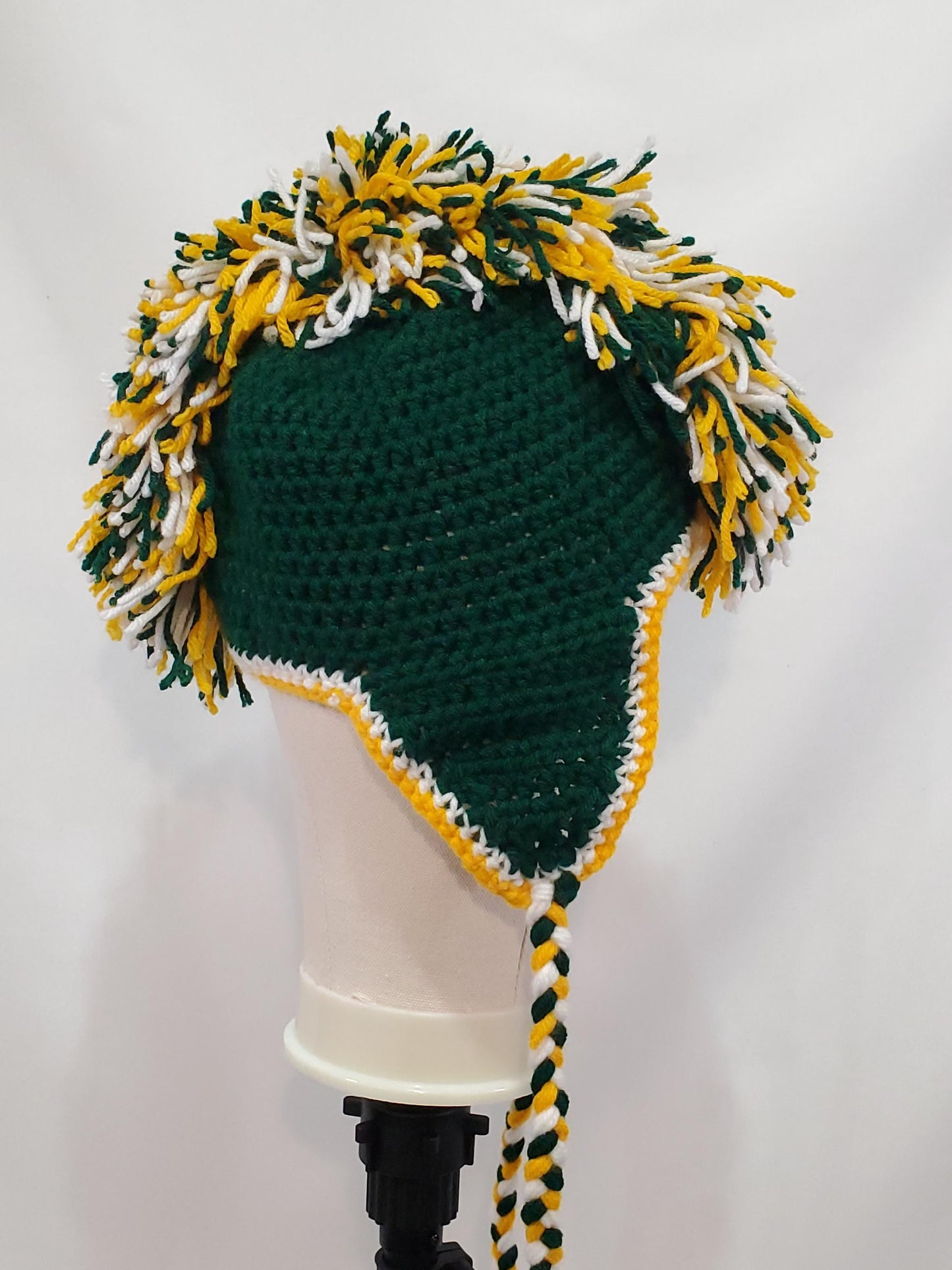 Item #32: Green Bay Packers Inspired Crochet Mohawk Hat, Size Teen/ Adult Small, Made From 100% Acrylic Yarn