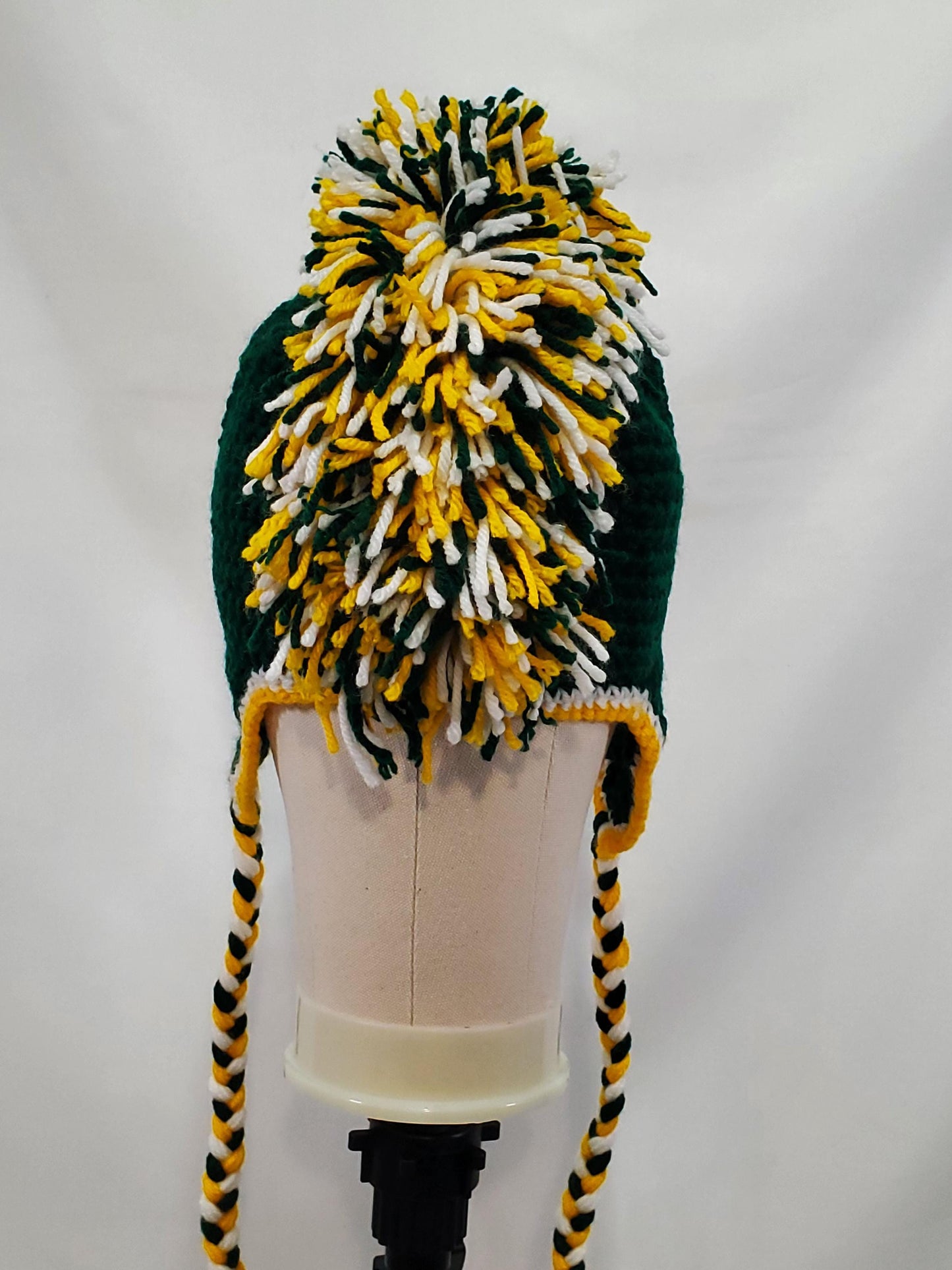 Item #32: Green Bay Packers Inspired Crochet Mohawk Hat, Size Teen/ Adult Small, Made From 100% Acrylic Yarn