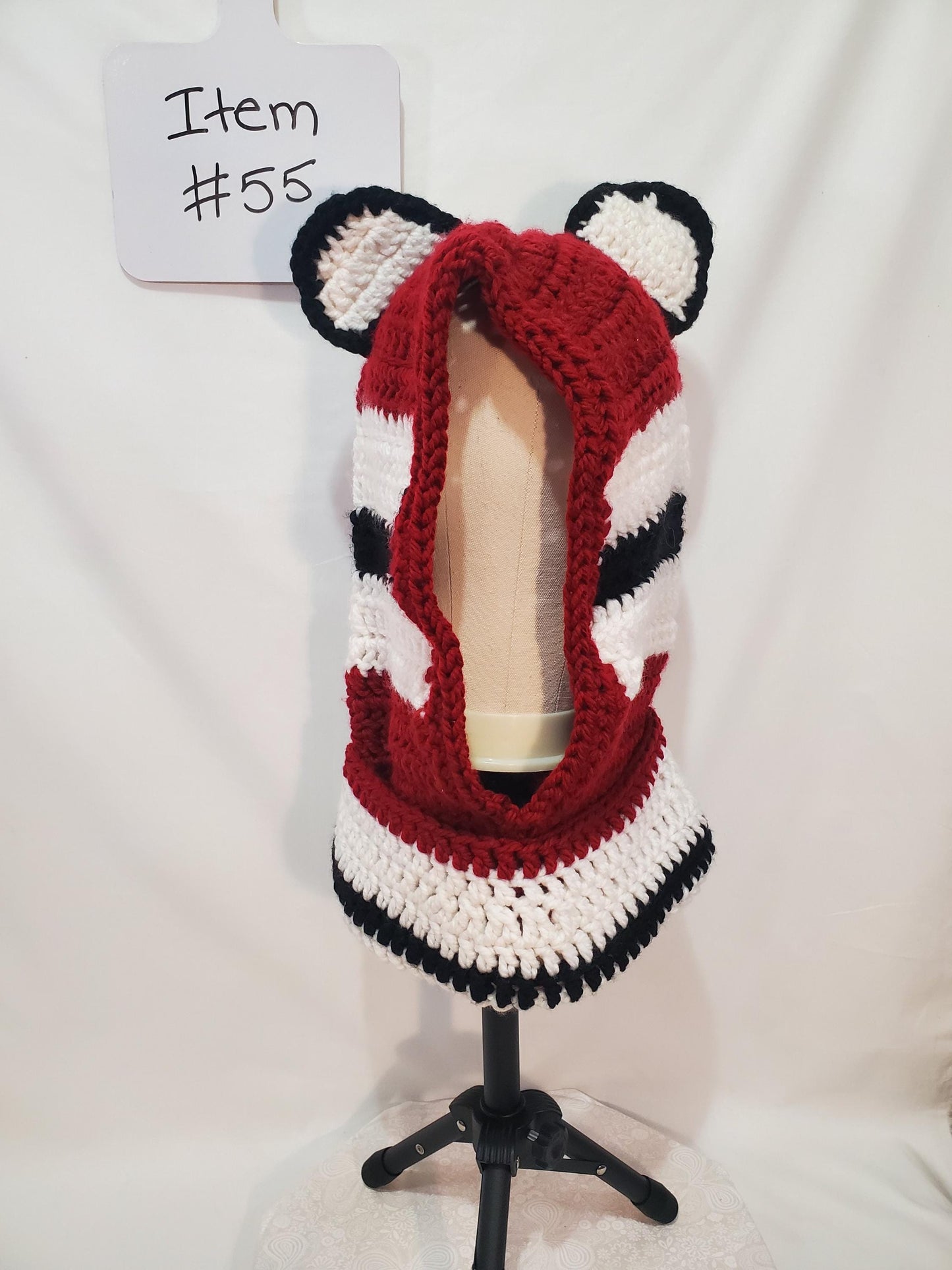 Item #55: Crochet Hood/Hat, Black, White & Maroon, Adult Sized, Made With 100% Acrylic Chunky Yarn