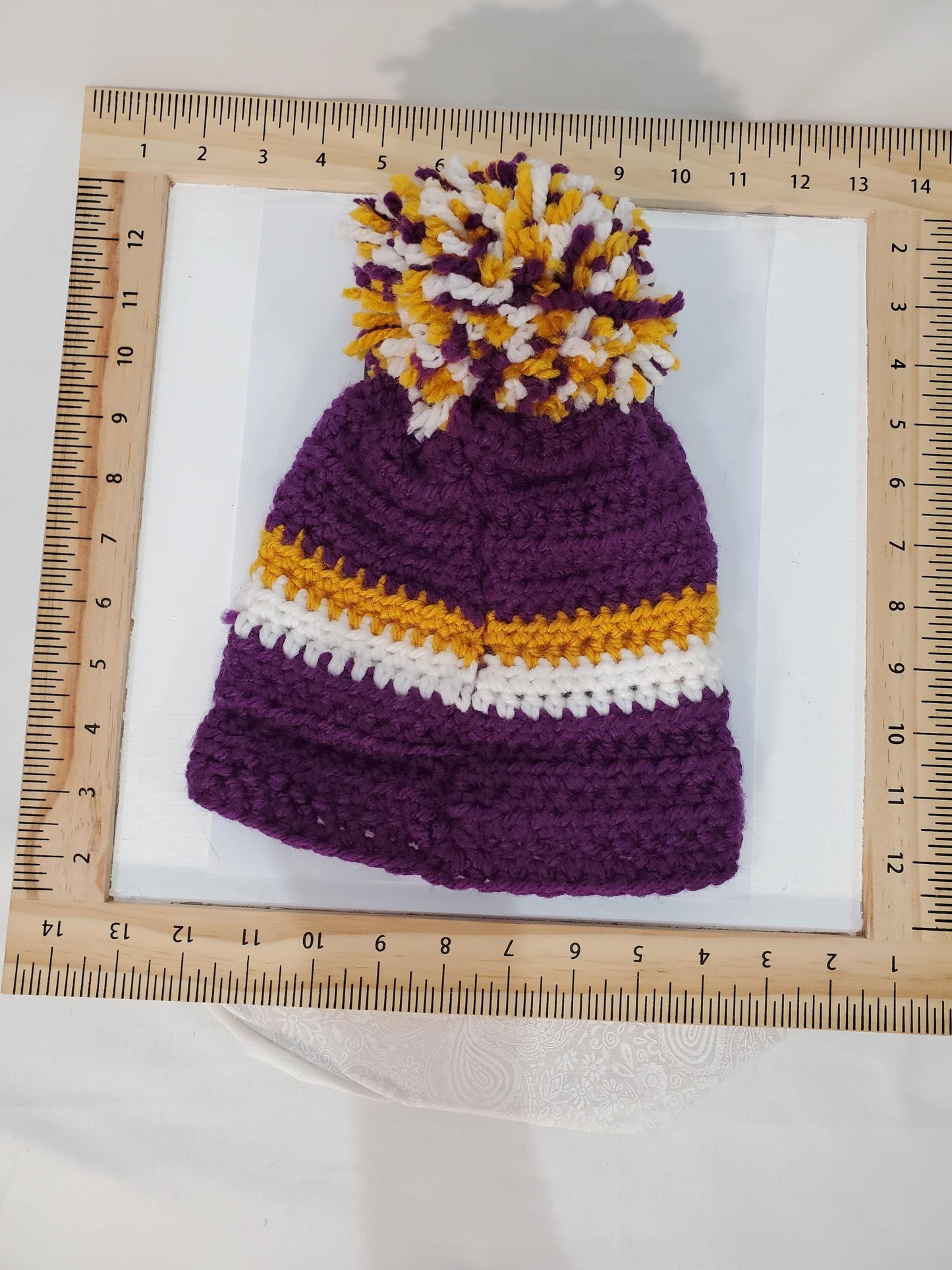 Item #80: Minnesota Vikings Inspired Crochet Hat with A Pom, Size 6 To 12 Months, Made With Chunky 100% Acrylic Yarn