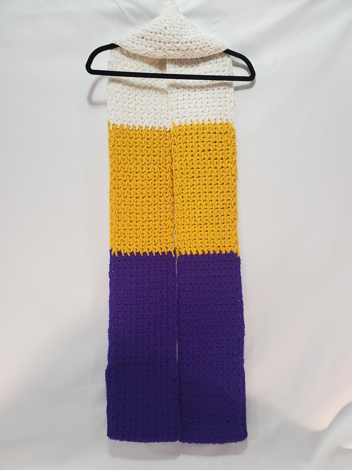 V5: MN Vikings Inspired Scarf with Pockets, 8' long, 7" wide, pockets 9" deep, thick and warm, made with 100% acrylic yarn.