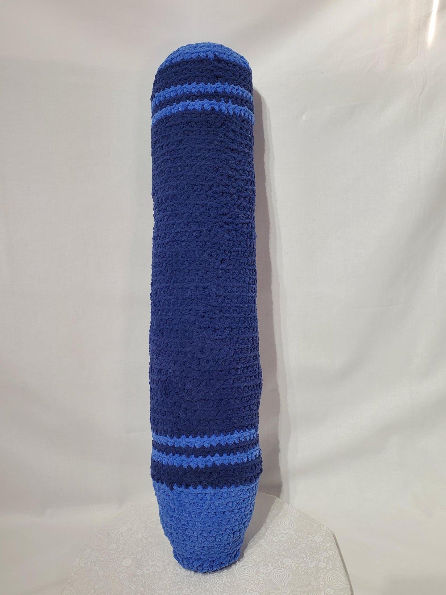 Crochet Crayon Stuffy /Pillow,Blue, made with soft blanket yarn (100% polyester), fiber fill, and plastic safety eyes, approx. 30”x6”