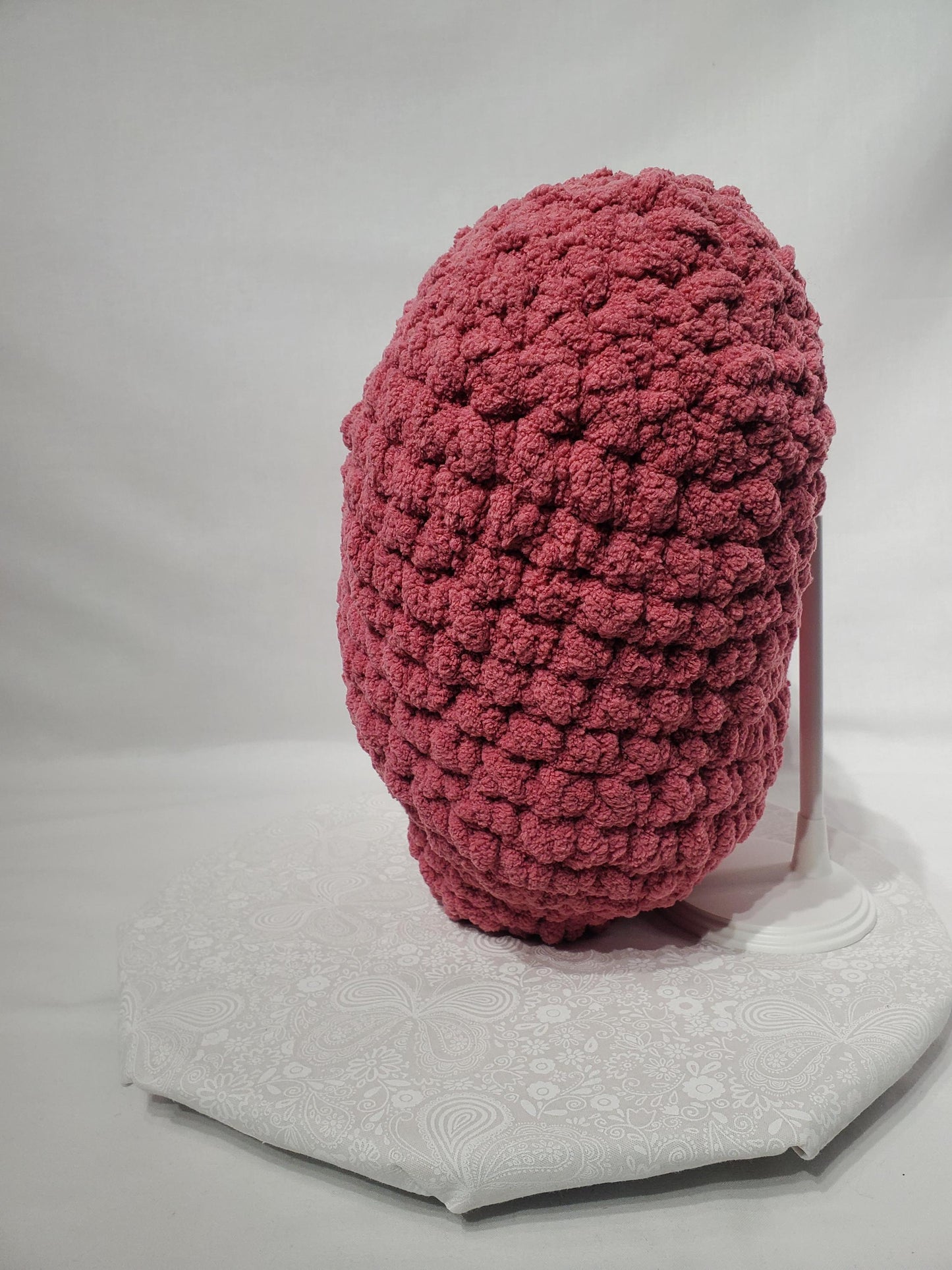 T29: Crochet Heart Pillow / Stuffy, mauve / pink, made with soft blanket yarn (100% polyester) and safety eyes, approx. 14" x 13", 1 lb