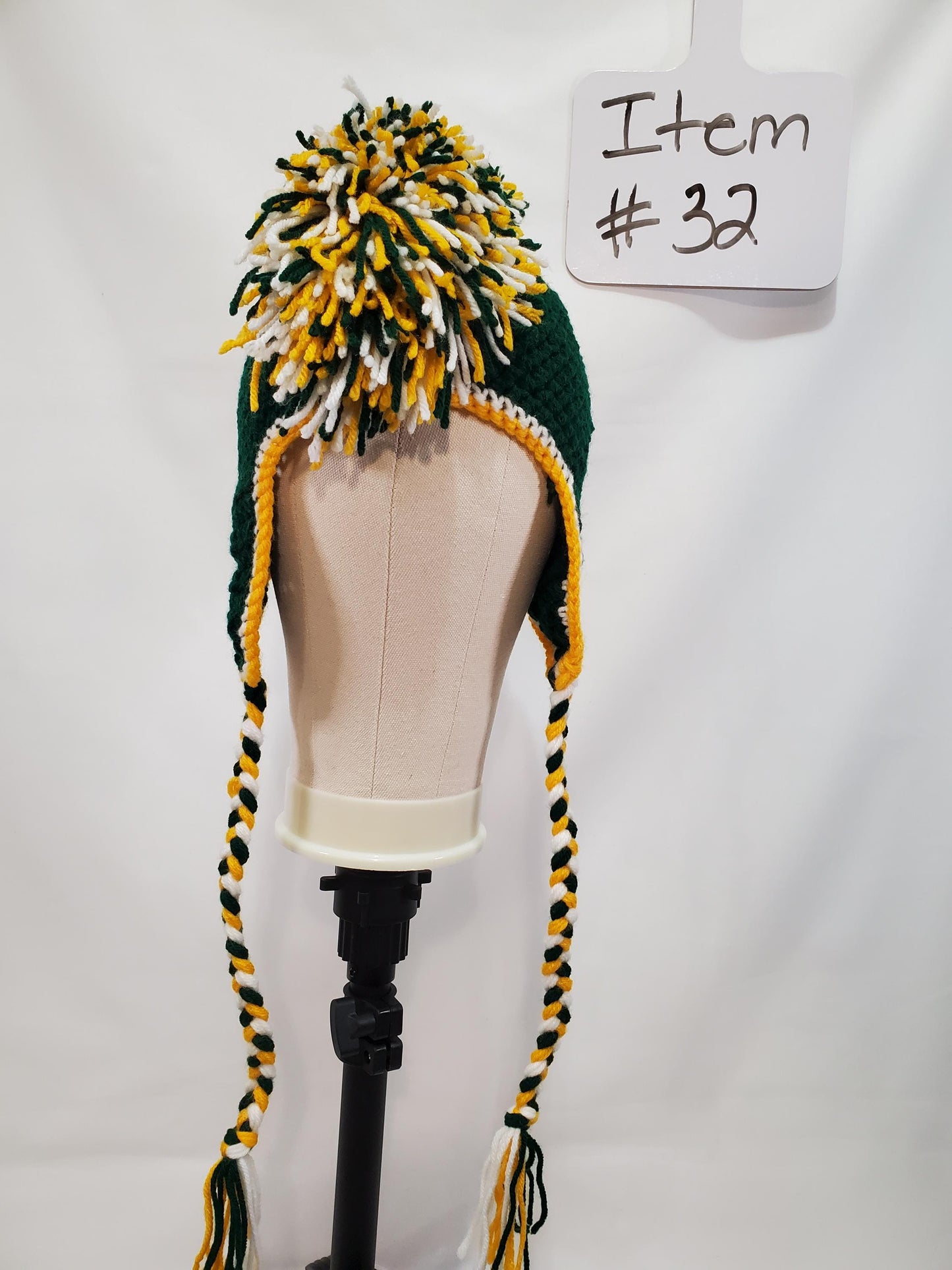 Item #32: Green Bay Packers Inspired Crochet Mohawk Hat, Size Teen/ Adult Small, Made From 100% Acrylic Yarn