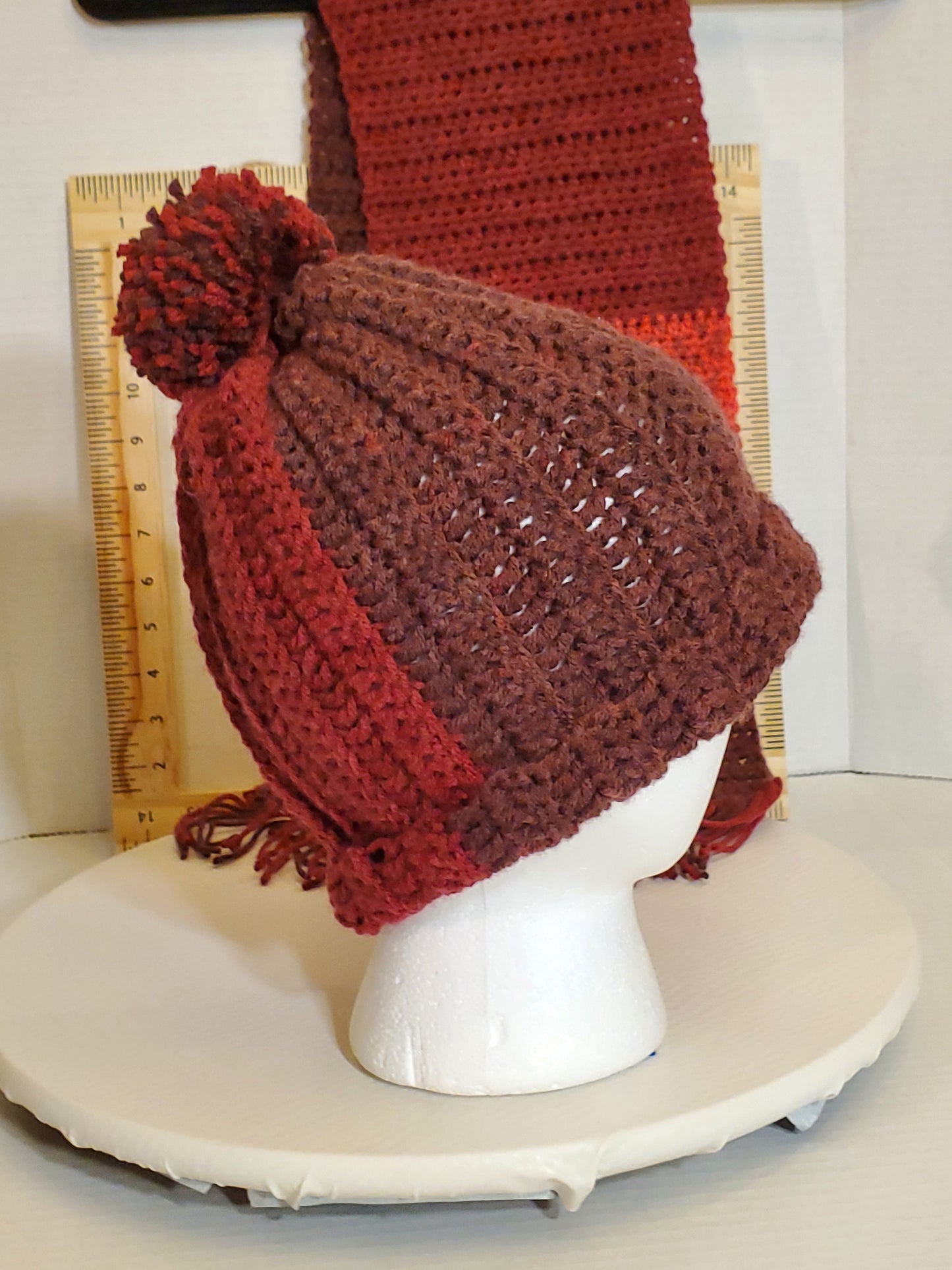 Item #90: Crochet Hat And Scarf Set, Various Reds, Size Toddler (1y-3y ), 3 1/2' Long, 8" Wide