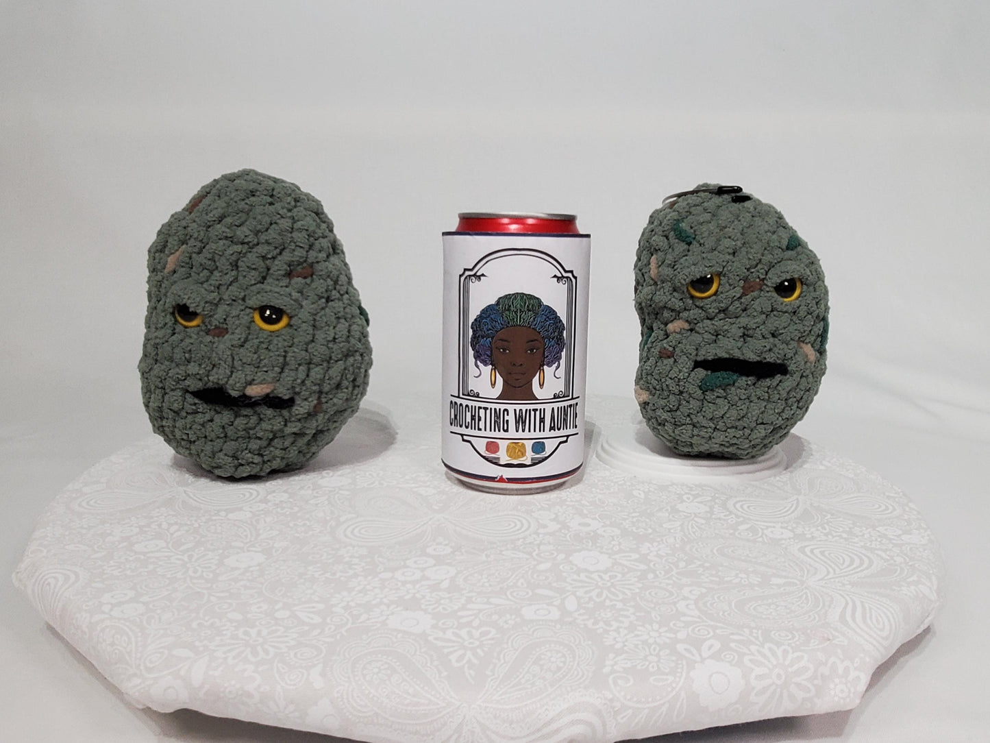 N1: 2 Crochet 420 Nuggets, approx. 4" & 5" tall, made with acrylic and polyester yarn, polyester fiber fill and safety eyes, approx. 5 oz