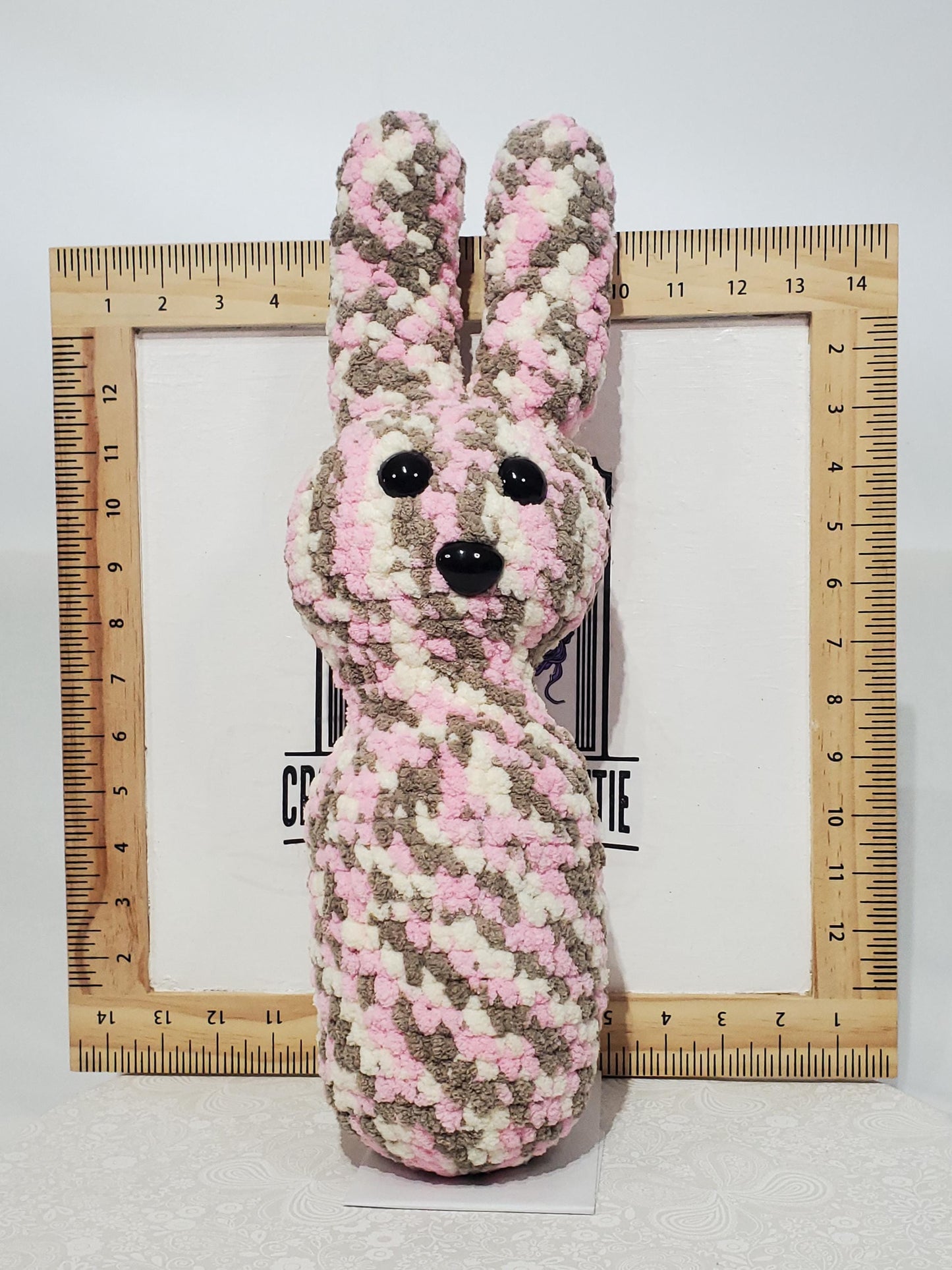 Crochet Bunny Stuffie / Plush Toy, pink - white - grey, approximately 14 in tall