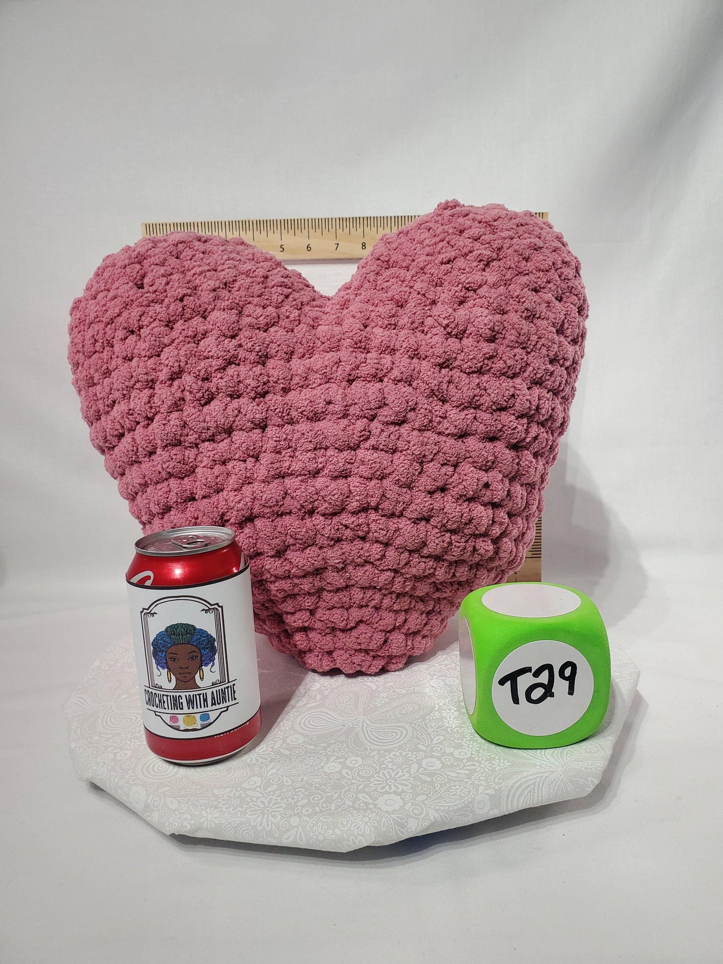 T29: Crochet Heart Pillow / Stuffy, mauve / pink, made with soft blanket yarn (100% polyester) and safety eyes, approx. 14" x 13", 1 lb