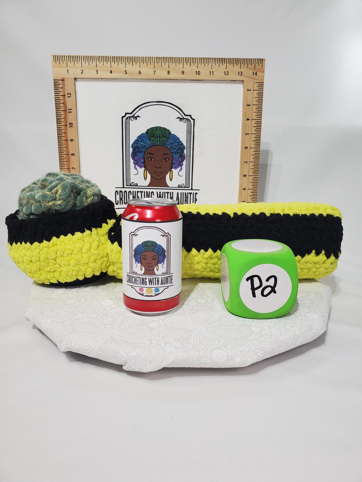 P2: Crochet Pipe, Yellow and black, made with soft 100% polyester yarn, approx. 18" long