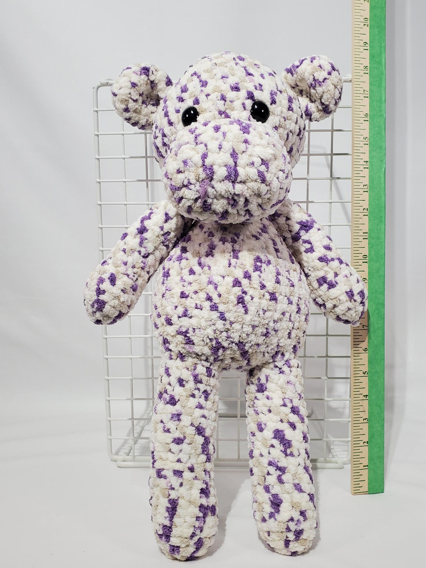 T15: Crochet Hippo, made with soft blanket yarn (100% polyester), fiber fill, and plastic safety eyes, approx. 19" x 10"
