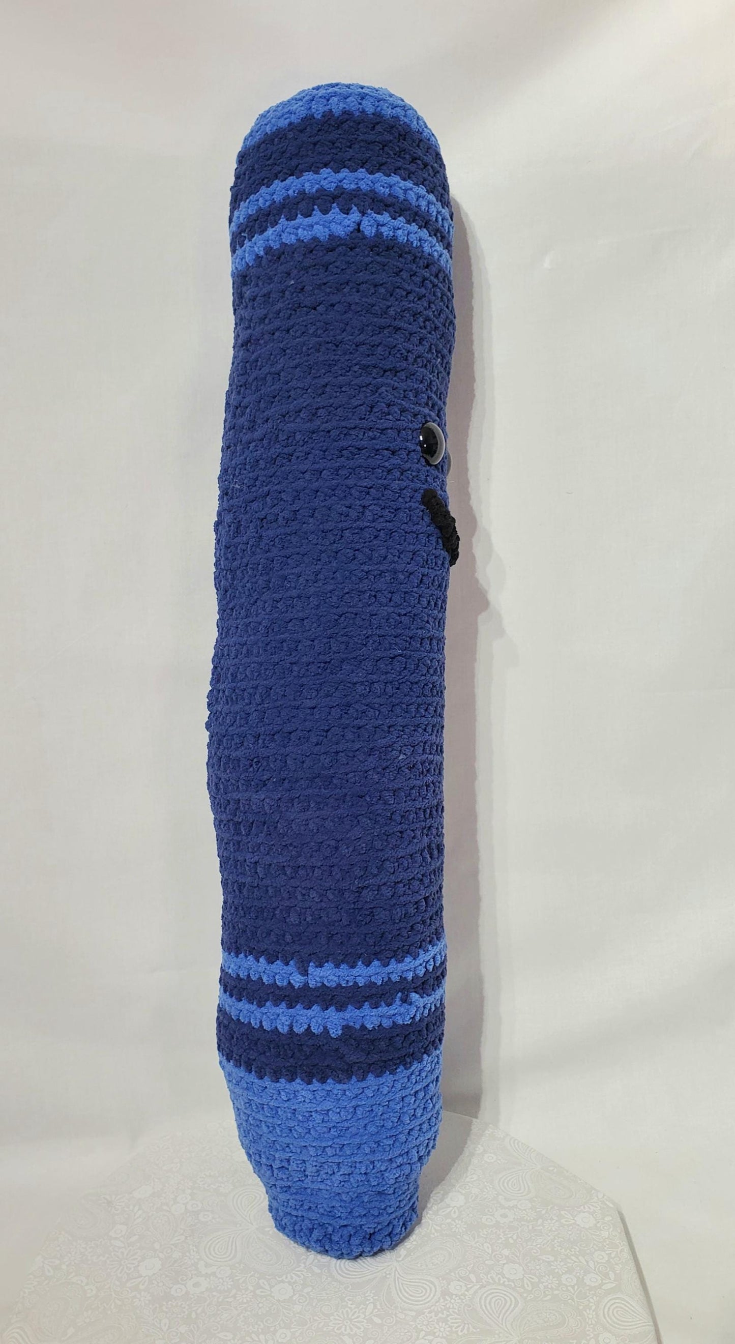 Crochet Crayon Stuffy /Pillow,Blue, made with soft blanket yarn (100% polyester), fiber fill, and plastic safety eyes, approx. 30”x6”