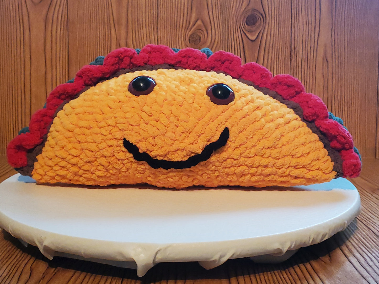 T10: Crochet Taco Stuffy / Plush Toy, made with soft blanket yarn and plastic safety eyes