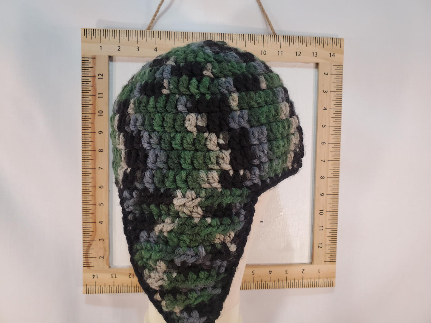 Item #99: Crochet Ear Flap Hat, Camo, Child (4y-10y), Made With Chunky 100% Acrylic Yarn