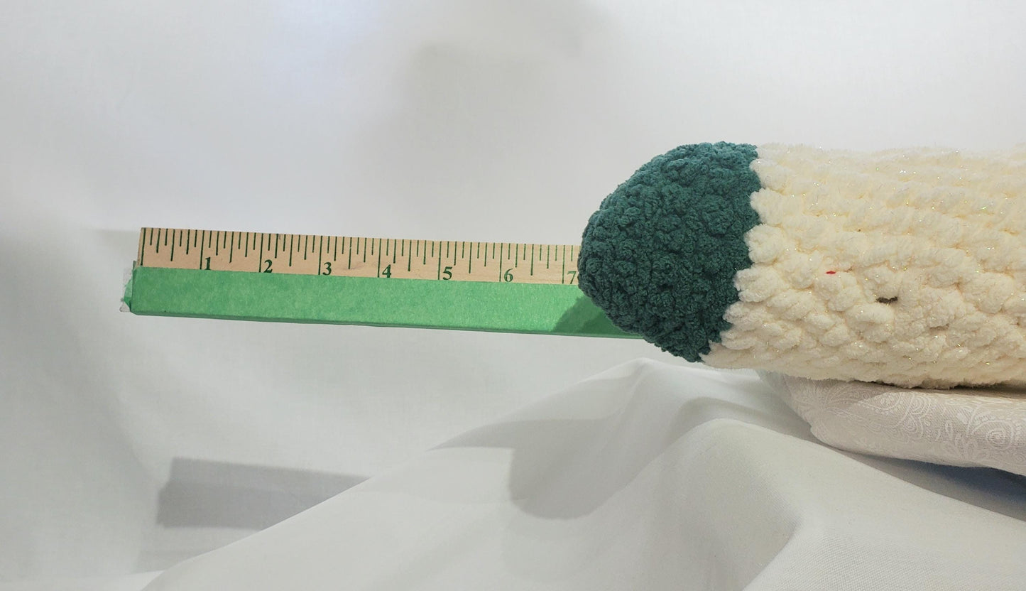 J14: Crochet Joint / Doobie, White 100% polyester soft blanket yarn, has safety eyes, approx. 21"x 4", 13 oz
