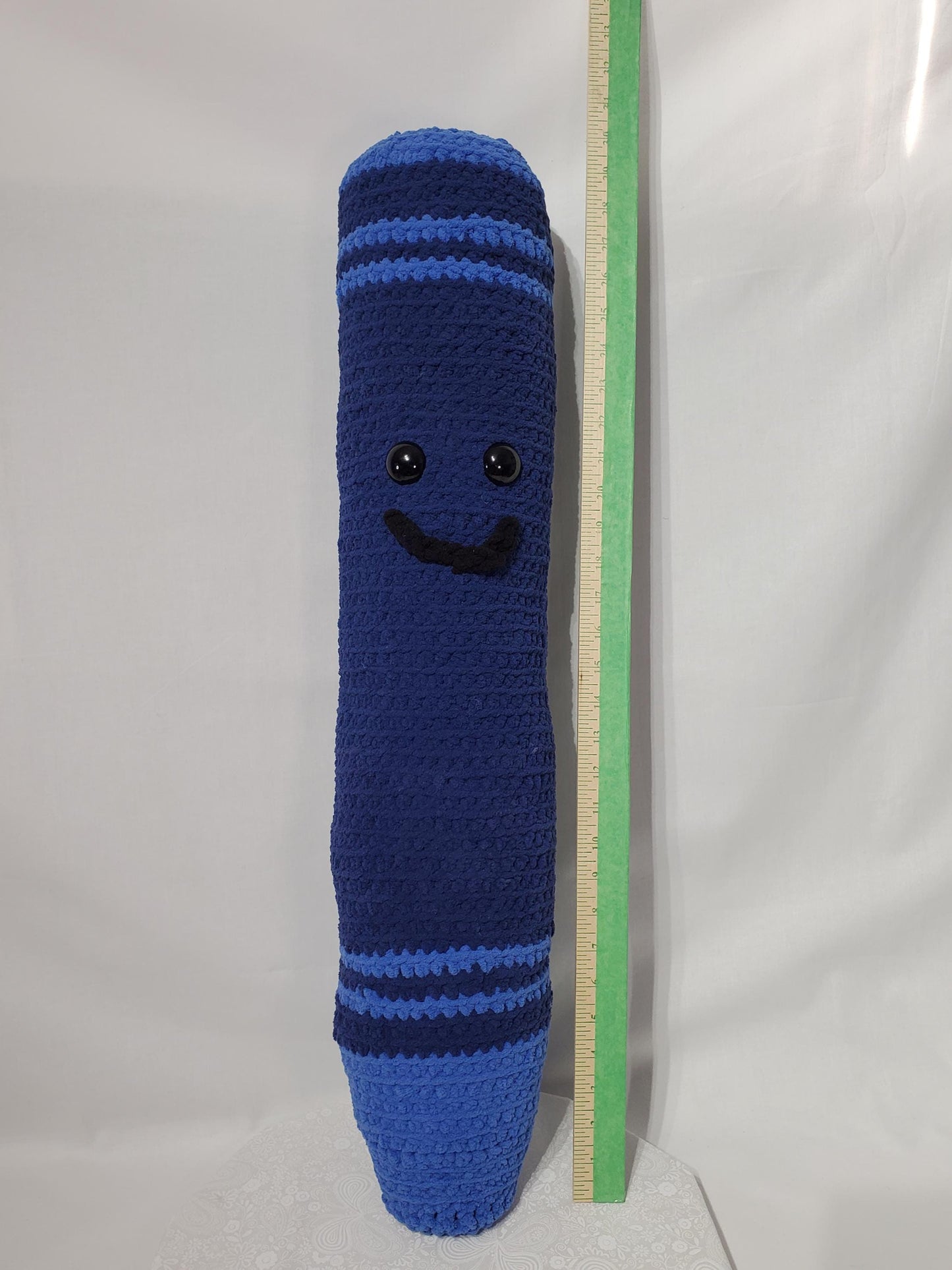 Crochet Crayon Stuffy /Pillow,Blue, made with soft blanket yarn (100% polyester), fiber fill, and plastic safety eyes, approx. 30”x6”