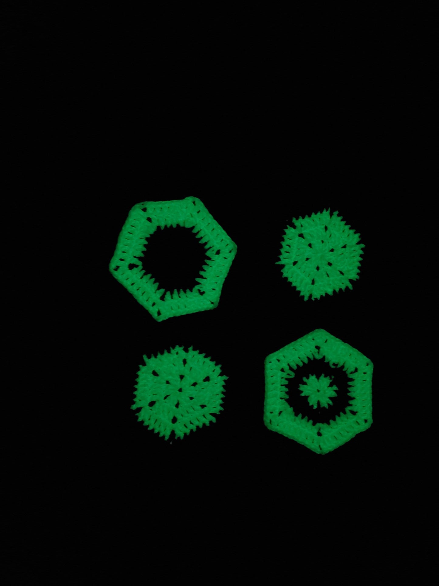 C3: Glow in the Dark Coaster set, hexagon shaped, made with cotton yarn, cork backed