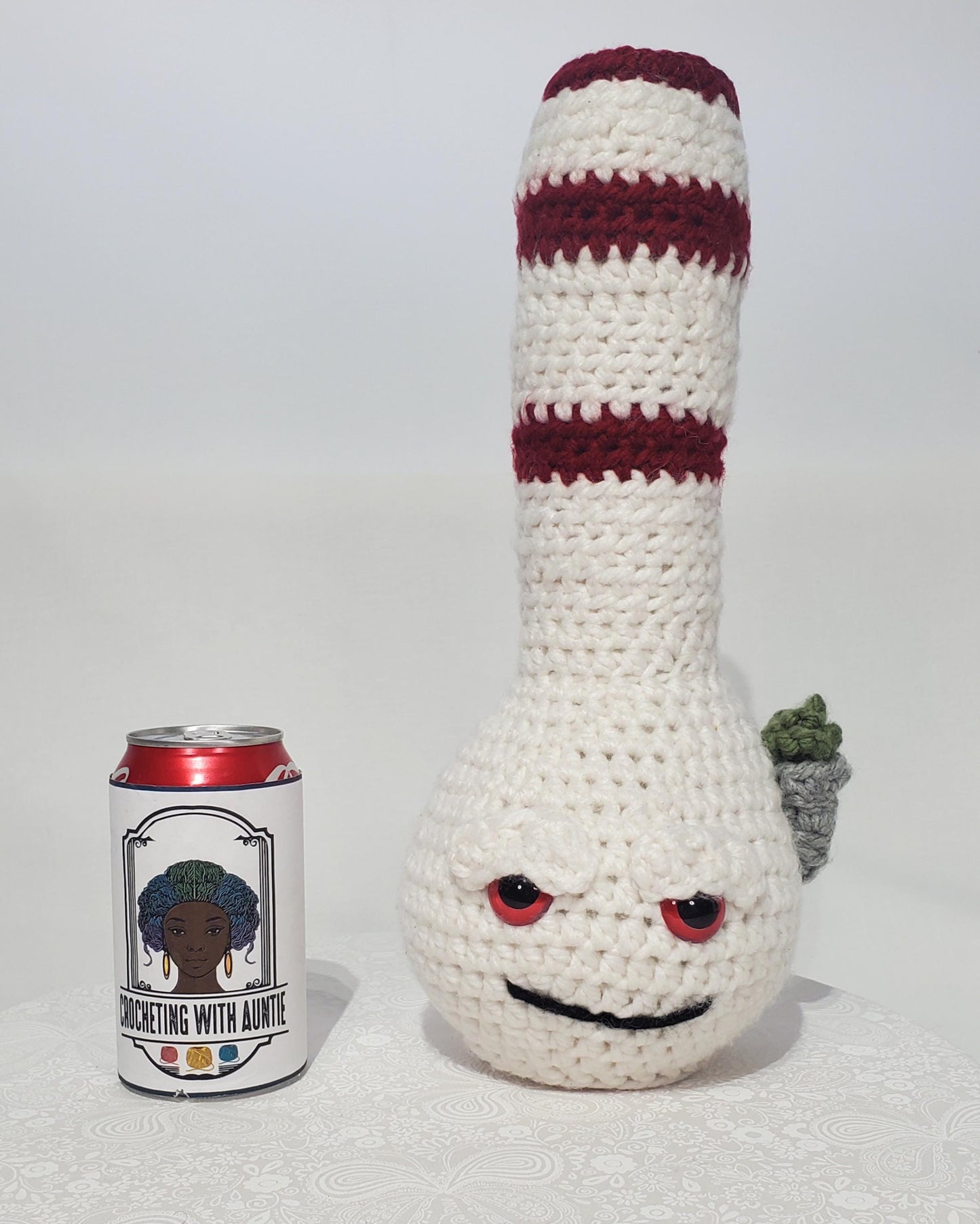 B12: Crochet Bong, White and Maroon, made with thick, 100% acrylic yarn, and safety eyes, approx. 14" x 6", 11 oz