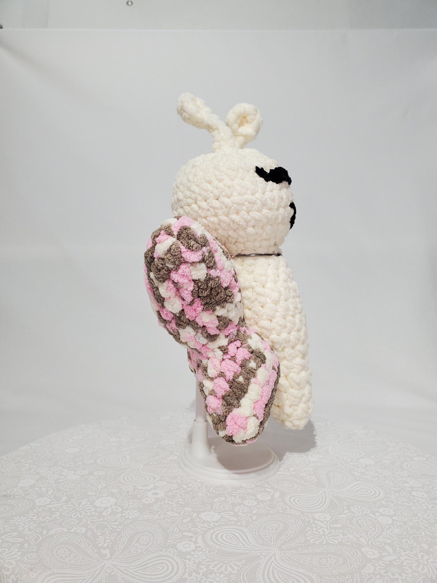 T6: Crochet Butterfly Stuffy/ Plush Toy, white and variegated pink, white and brown, made with soft blanket yarn and safety eyes