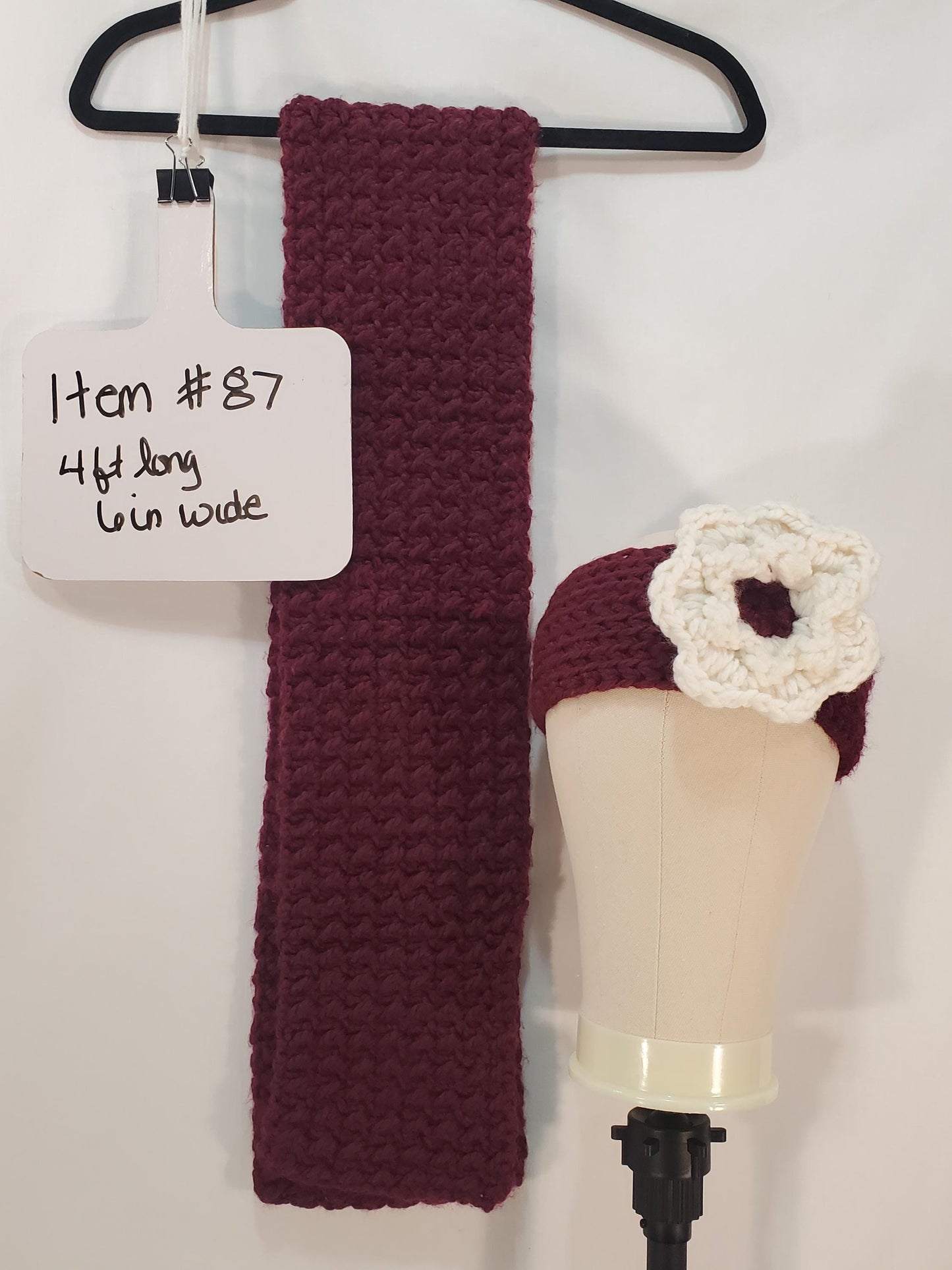 Item #87: Crochet Ear Warmer And Scarf Set, Maroon, Size Teen/Adult Small, 4' Long 6" Wide, Make With Chunky 100% Acrylic Yarn