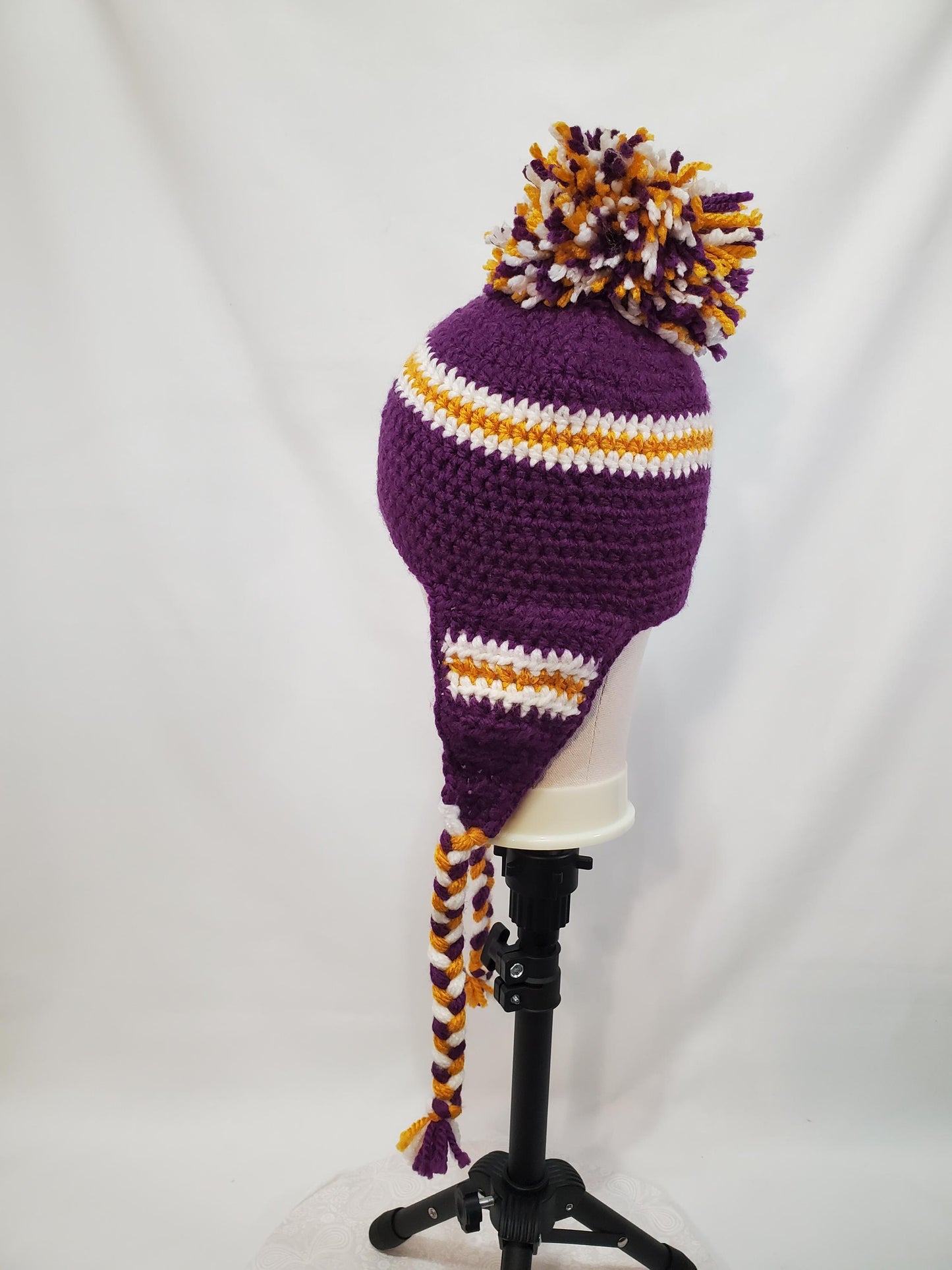 Item #43: MN Vikings Inspired Crochet Ear Flap Hat, Toddler Sized, Made From 100% Acrylic Yarn