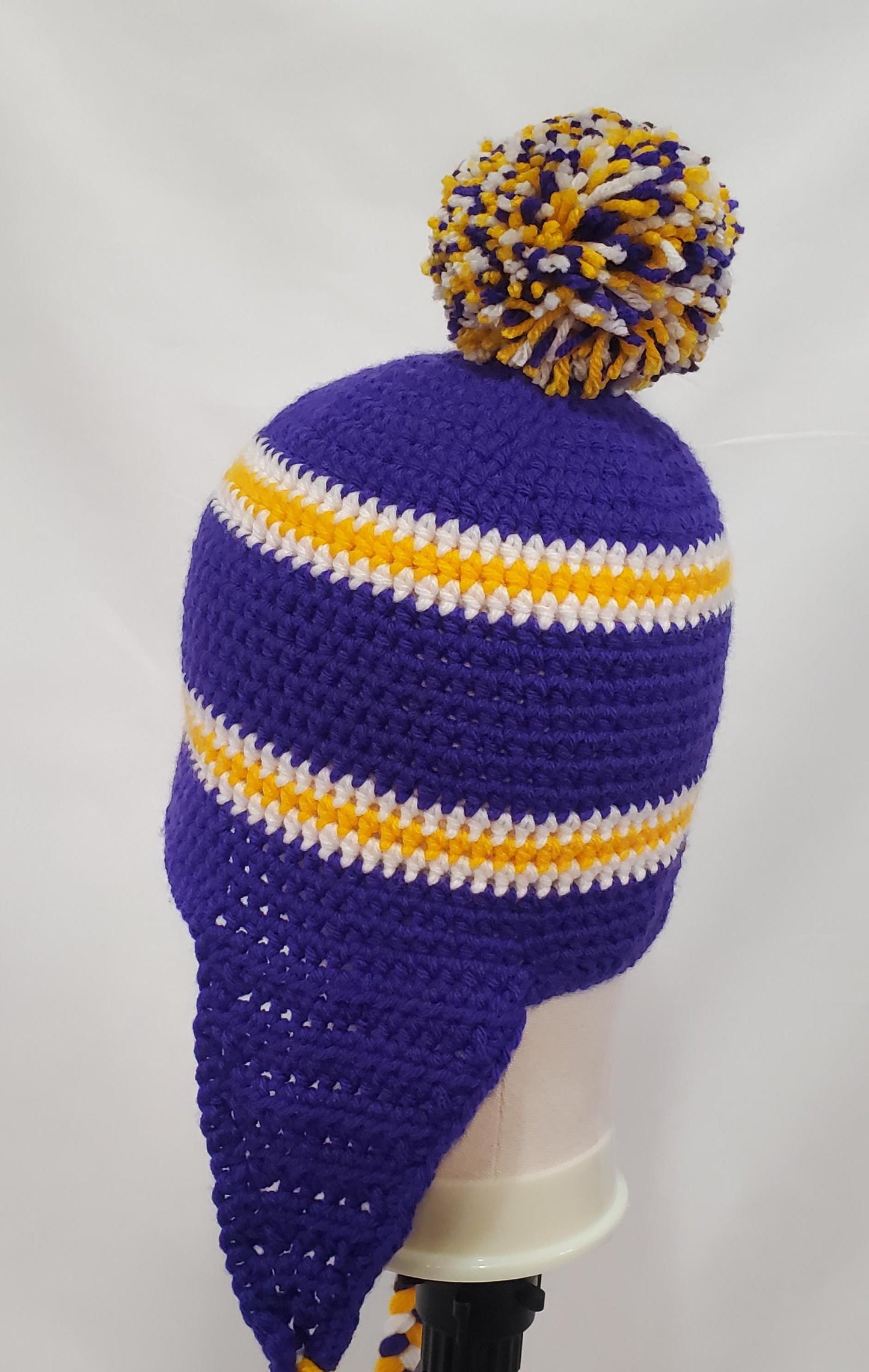 Item #26: MN Vikings Inspired Crochet Ear Flap Hat, Size - Adult Medium, Made From 100% Acrylic Yarn