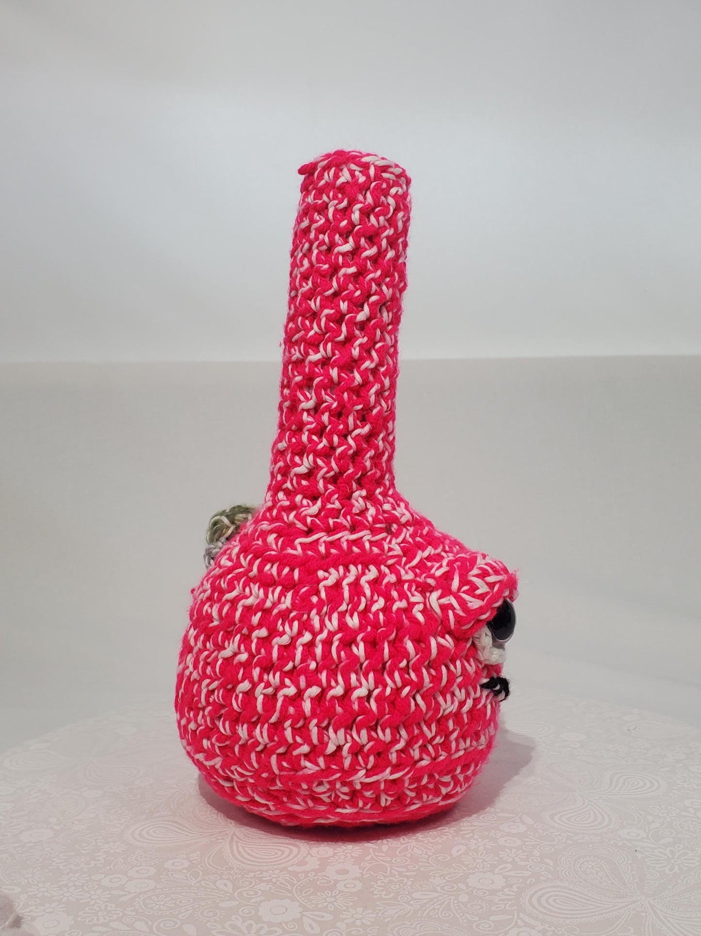B1: Crochet Bong, Pink and White - GLOWS IN DARK, made with acrylic and cotton yarn, has safety eyes, approx. 10" x 5", 8 oz