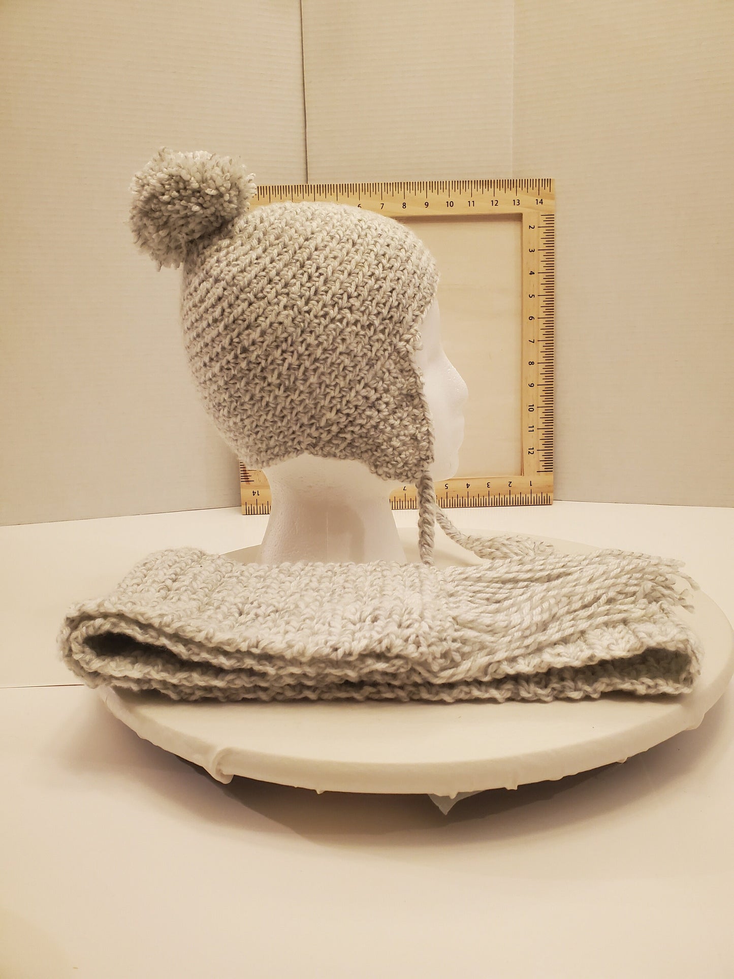 Item #91: Crochet Hat And Scarf Set, Gray And White, 40" Long, 4" Wide, Size Toddler (1y To 3y), Made With 100% Acrylic Yarn