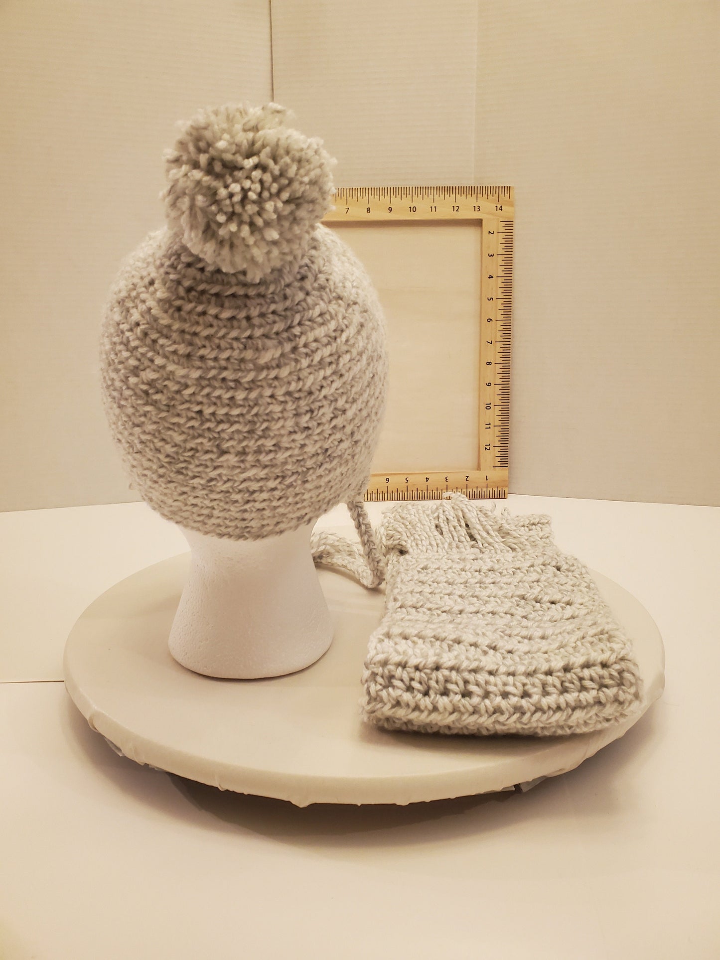 Item #91: Crochet Hat And Scarf Set, Gray And White, 40" Long, 4" Wide, Size Toddler (1y To 3y), Made With 100% Acrylic Yarn