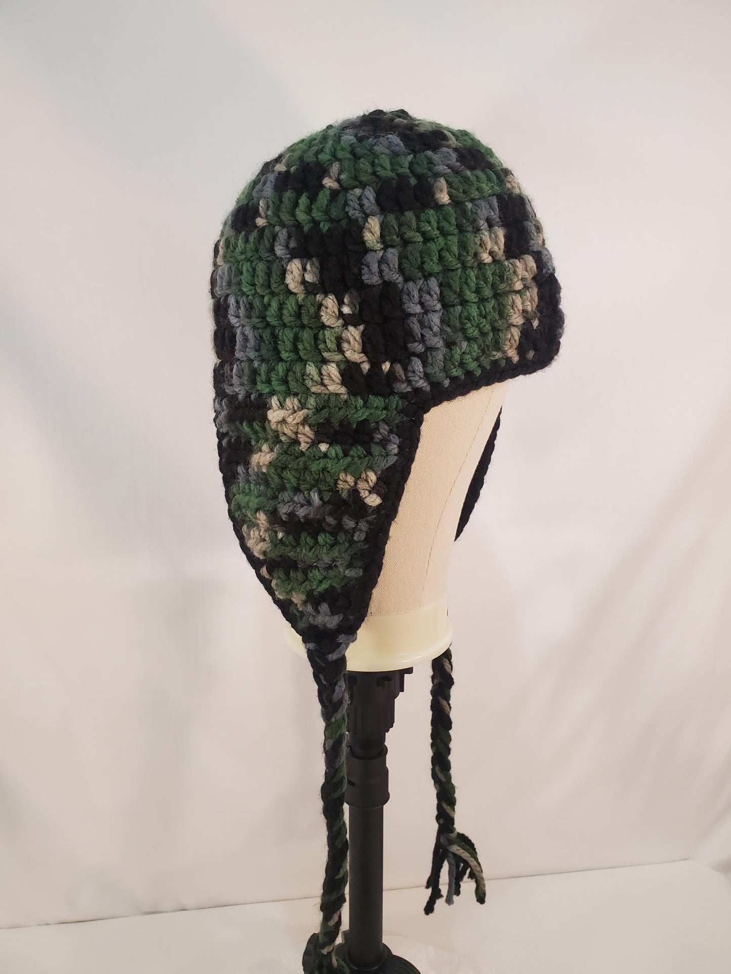 Item #99: Crochet Ear Flap Hat, Camo, Child (4y-10y), Made With Chunky 100% Acrylic Yarn