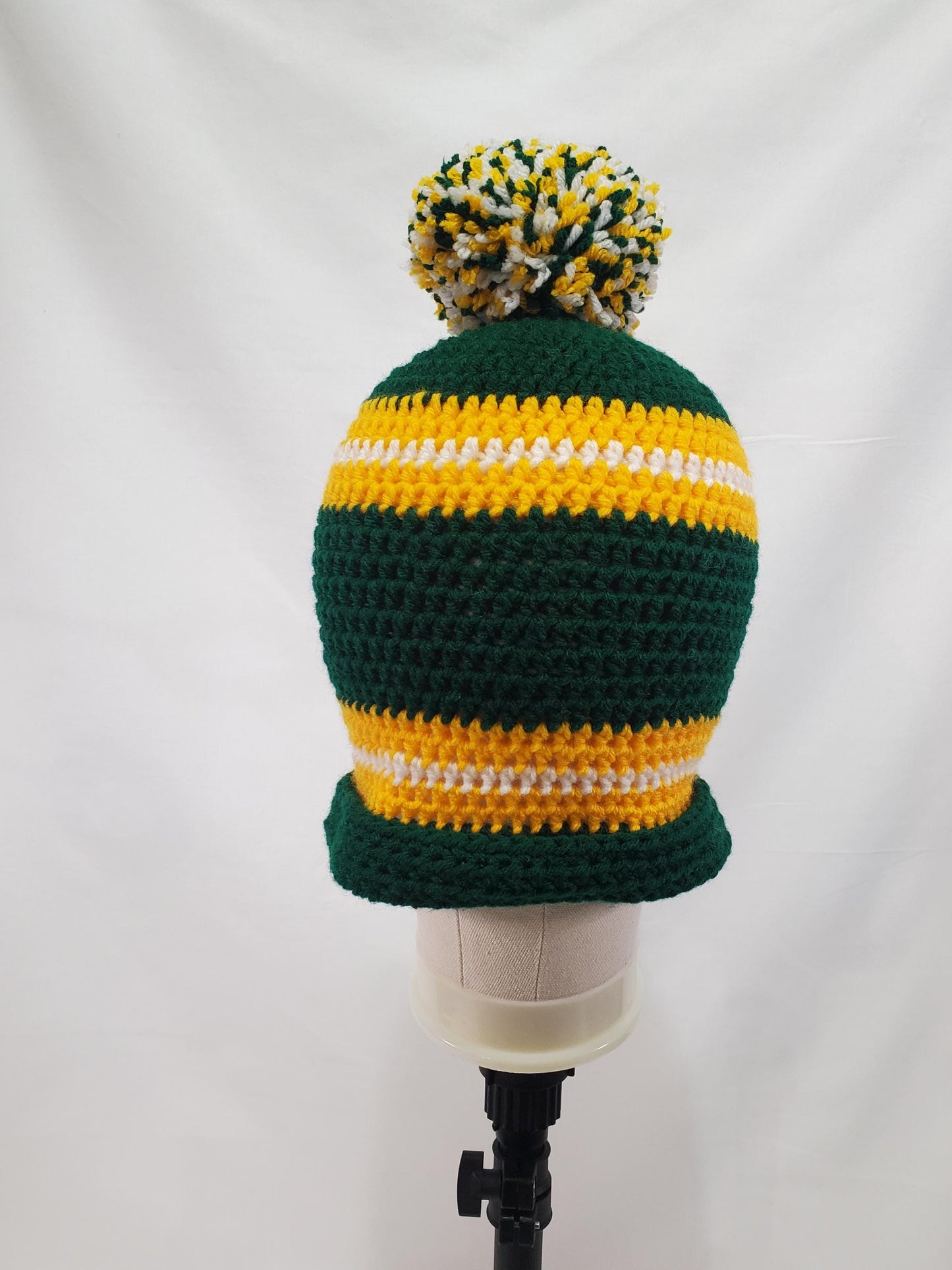 Item #29: Green Bay Packers Inspired Crochet Beanie With A Pom, Adult Size Medium, Made From 100% Of Acrylic yarn