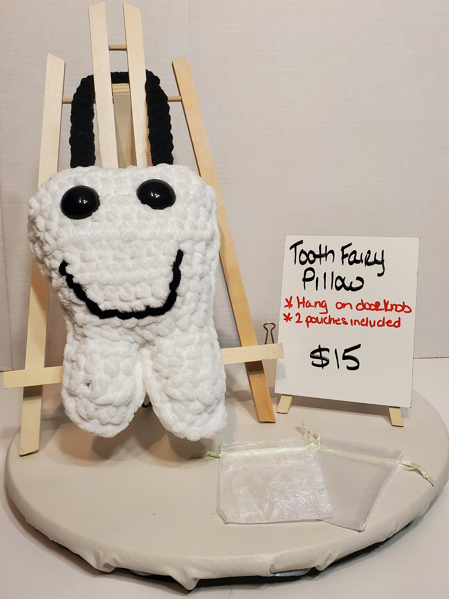 Tooth fairy Pillow, with pocket, hang on door, made with extra soft 100% polyester yarn