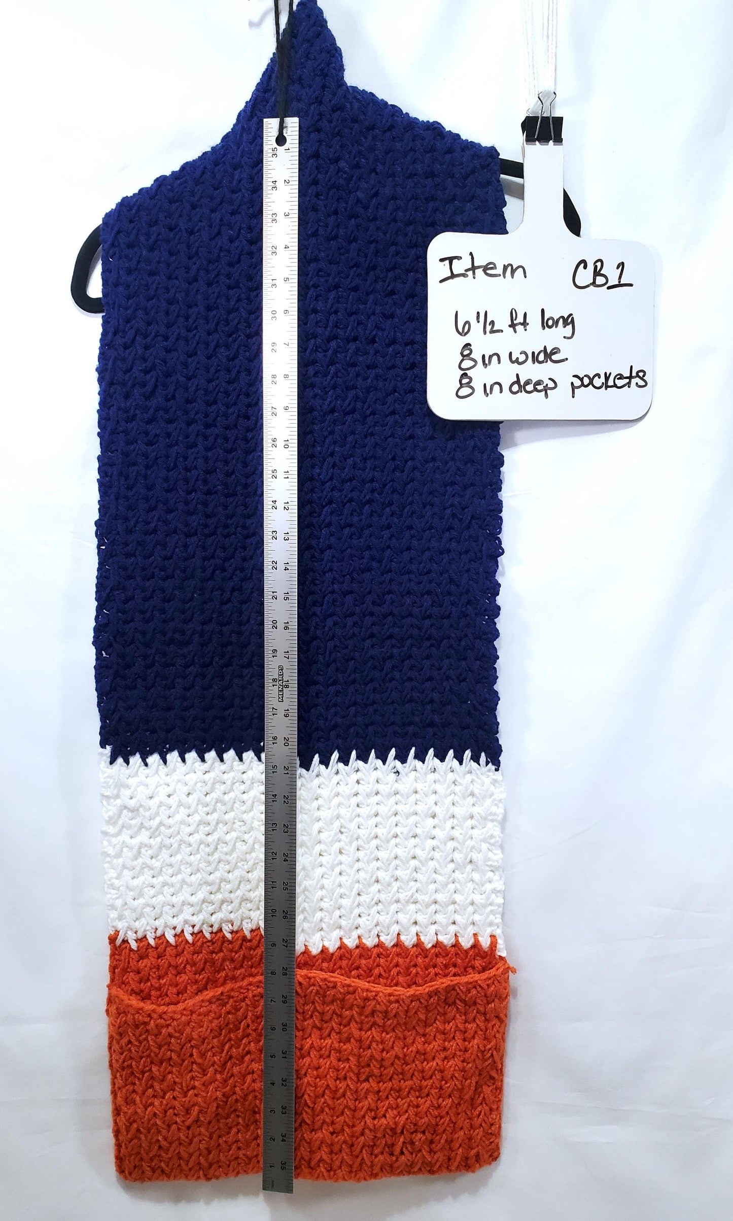 CB1: Chicago Bears Inspired Scarf with Pockets, 6 1/2 ft long, 8 in wide, pockets 8 in deep, warm and thick, made with 100% acrylic yarn.