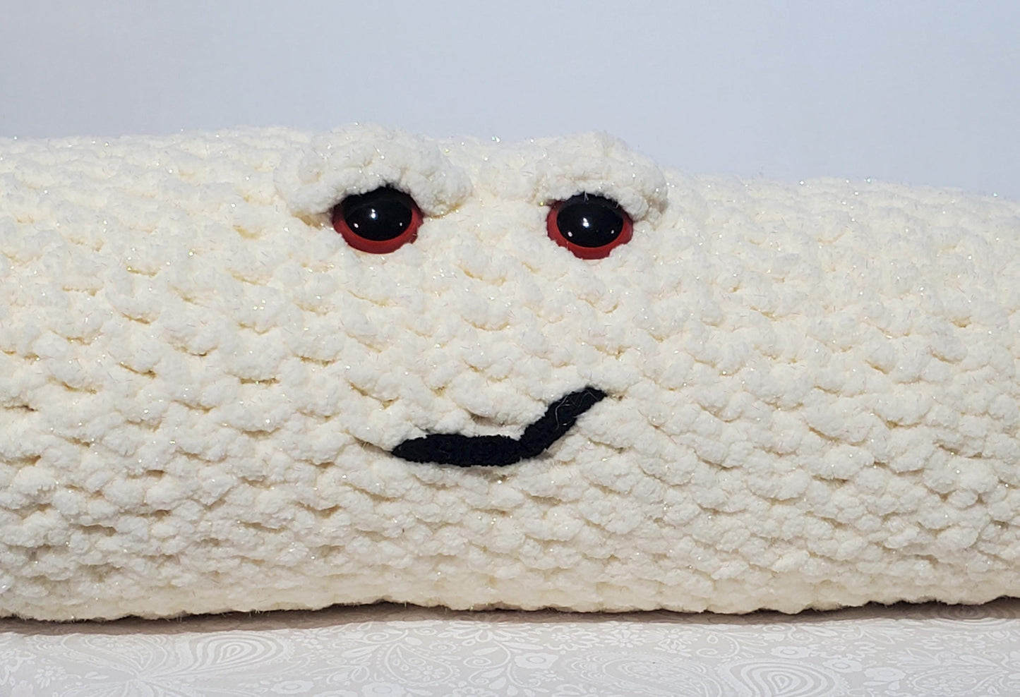 J8 - Crochet Joint / Doobie, Sparkle White 100% polyester soft blanket yarn, has safety eyes, approx. 23"x 5"