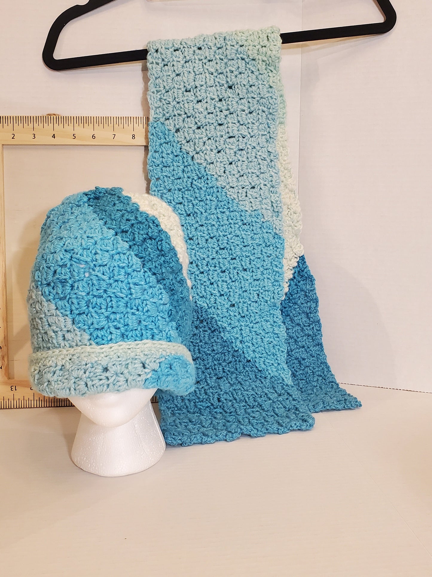 Item #83: Crochet Hat And Scarf Set, Multi Colors Of Blue, 3' 11" Long, 6" Wide, Size Child (4y-10y), Made With 100% Acrylic Yarn