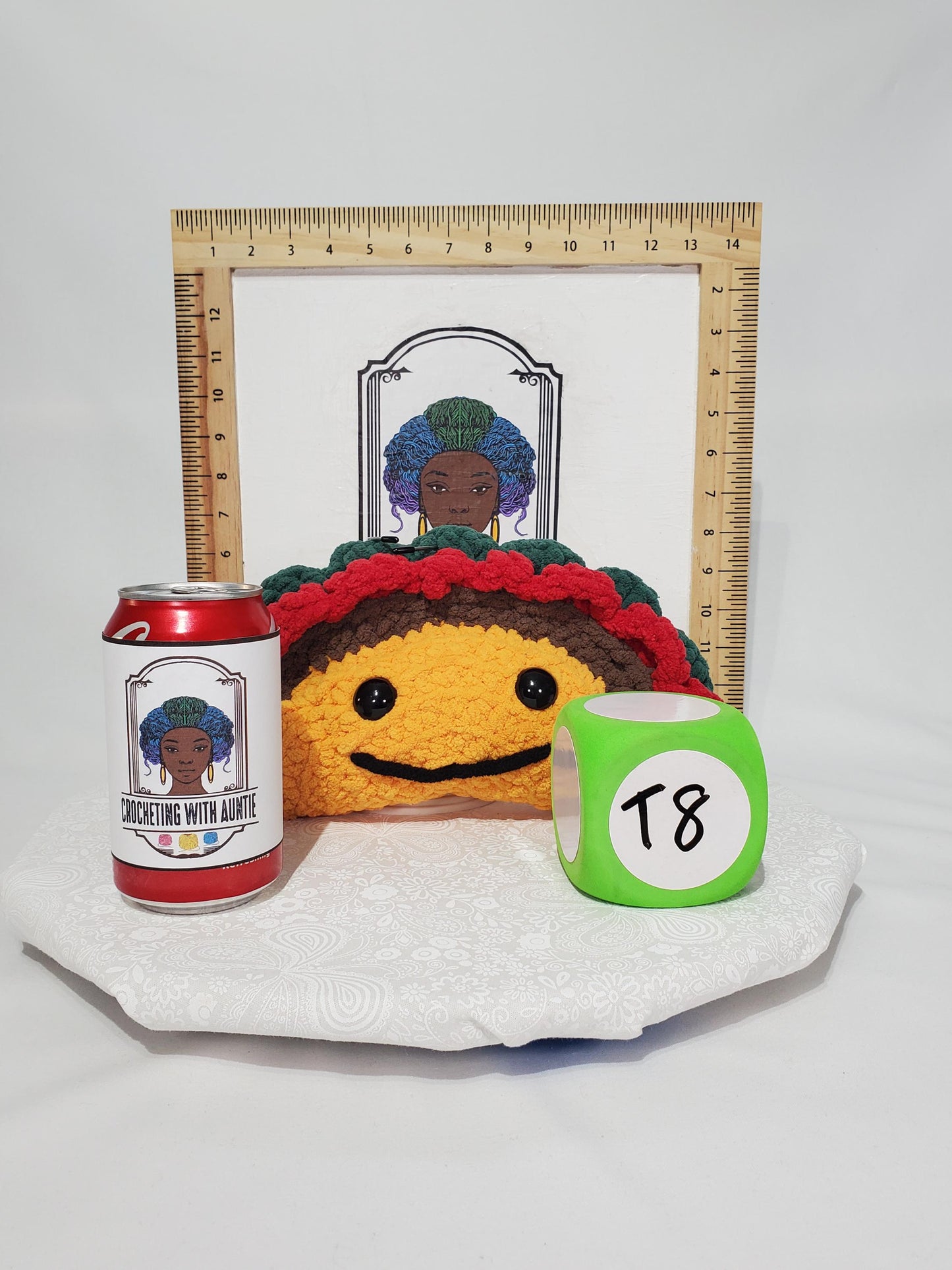 T8: Crochet Taco Stuffed / Stuffy / Plushy /Toy, made with soft blanket yarn and plastic safety eyes, approx. 11"x6"x4"