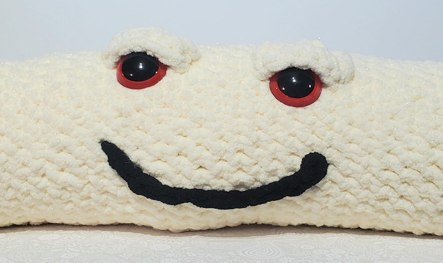 J12 - Crochet Joint / Doobie, White 100% polyester soft blanket yarn, has safety eyes, approx. 28"x 5", 1 lb., 12 oz
